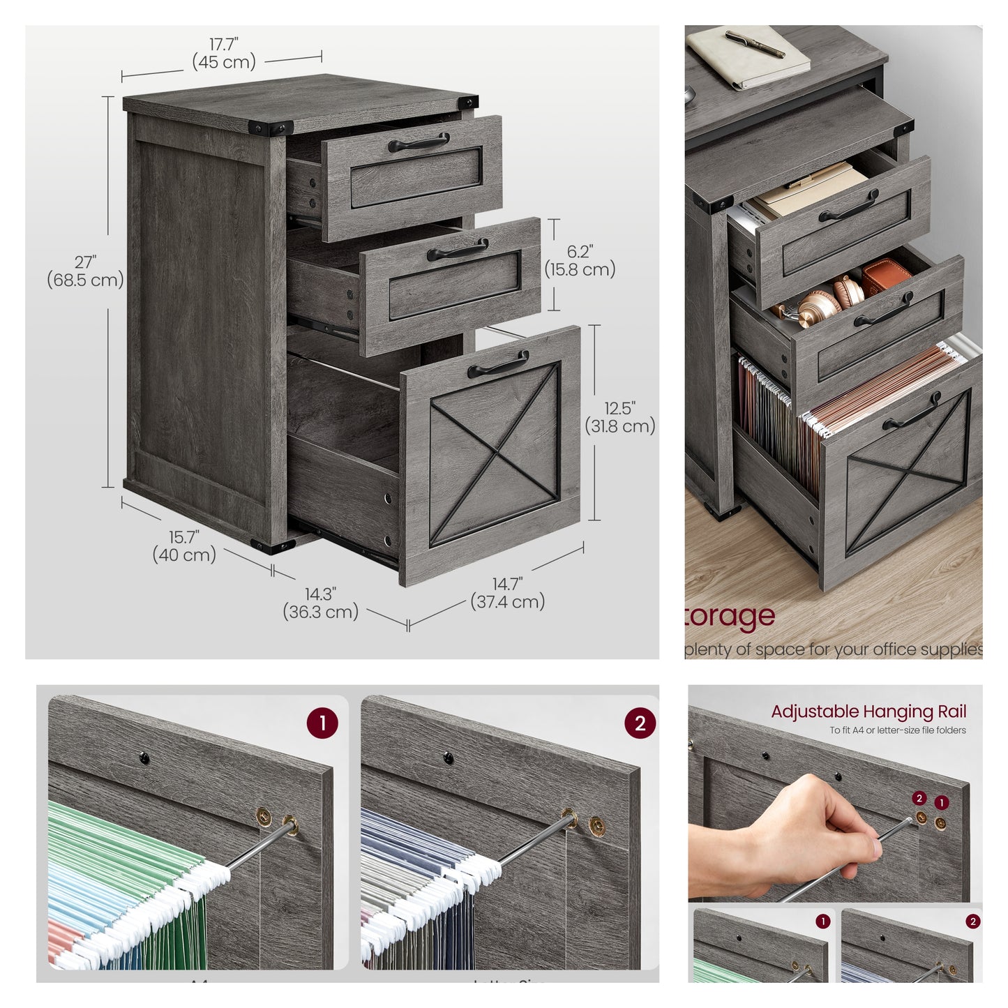 3-Drawer File Cabinet, Farmhouse Style Printer Stand for Home Office, Holds A4 Letter Files, Silent Slides & 110lb Capacity, Misty Gray