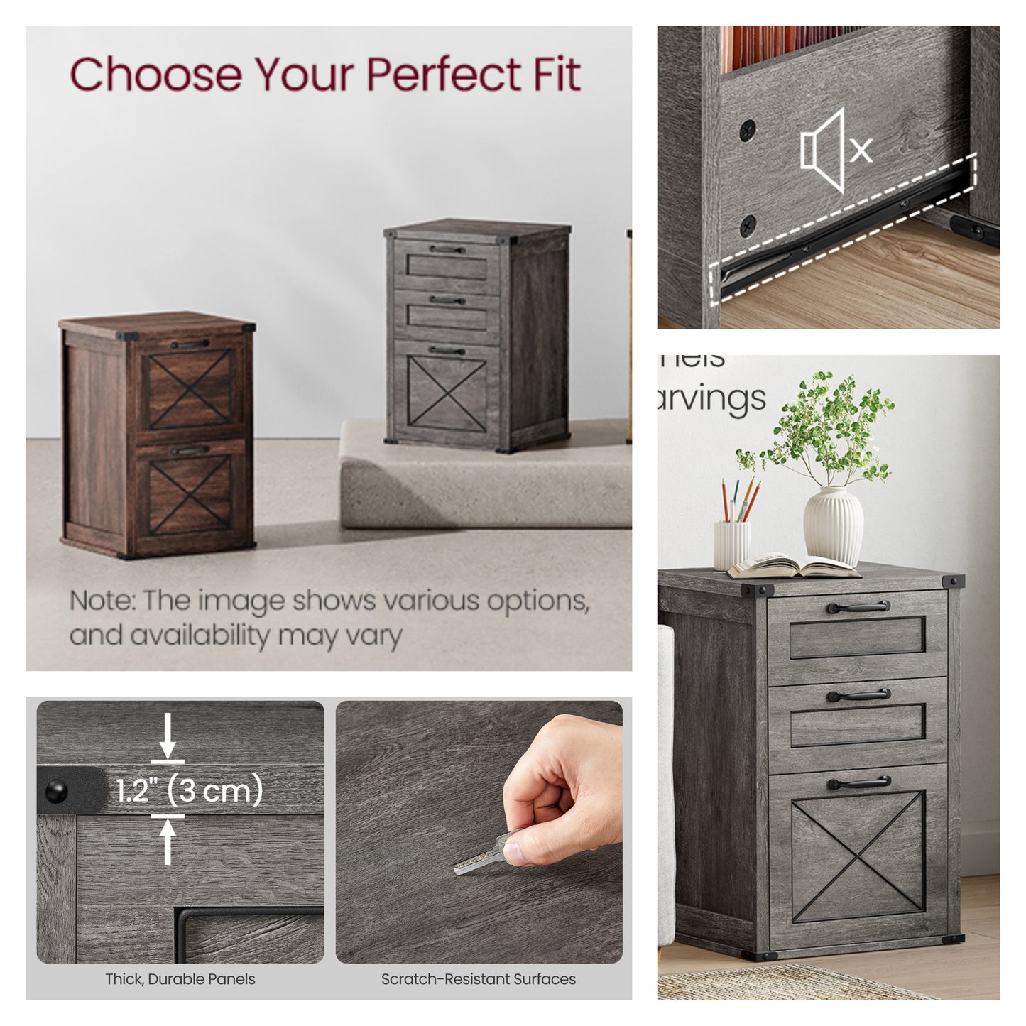 3-Drawer File Cabinet, Farmhouse Style Printer Stand for Home Office, Holds A4 Letter Files, Silent Slides & 110lb Capacity, Misty Gray
