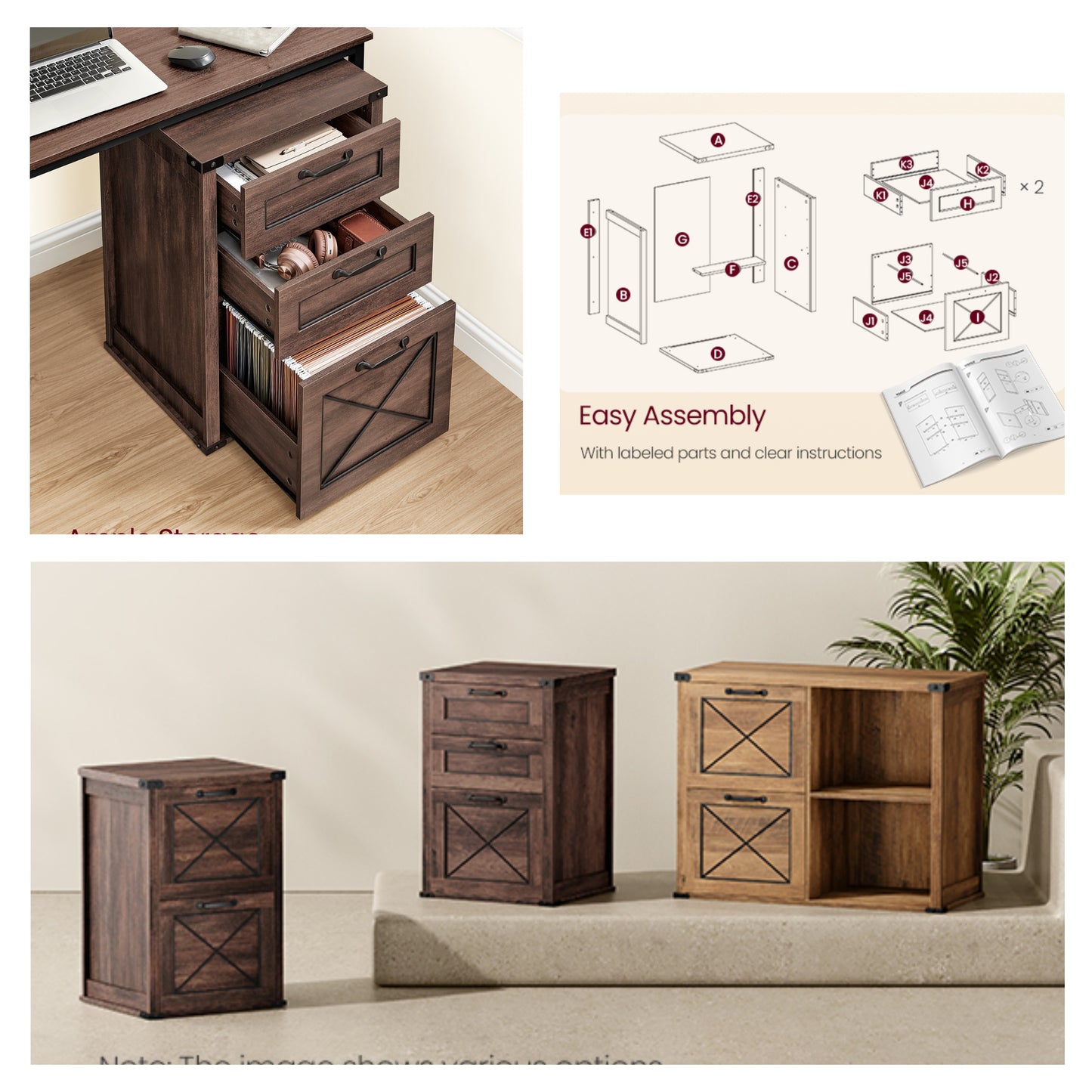 3-Drawer File Cabinet with Hanging Rail, Farmhouse Office Storage & Printer Stand, Holds A4 Letter Files, Silent Glide Drawers, Maroon Brown