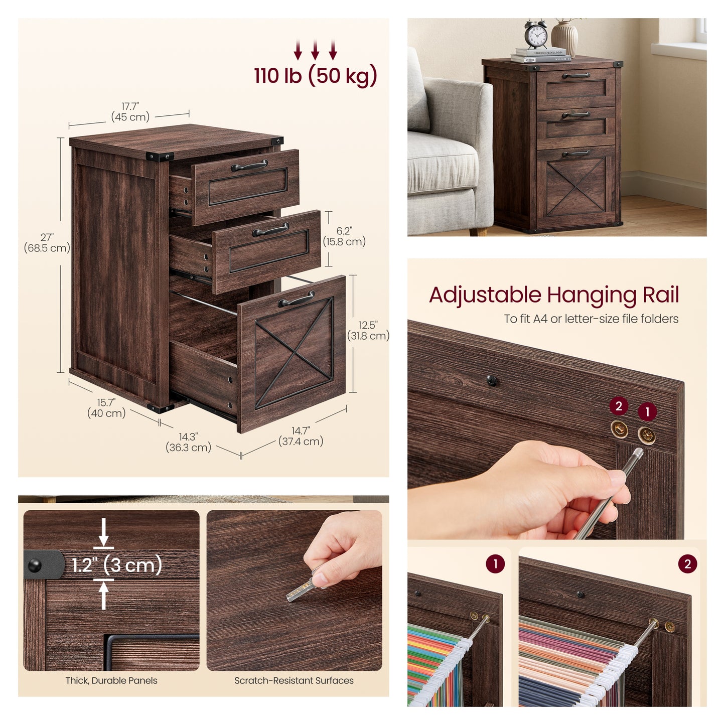 3-Drawer File Cabinet with Hanging Rail, Farmhouse Office Storage & Printer Stand, Holds A4 Letter Files, Silent Glide Drawers, Maroon Brown