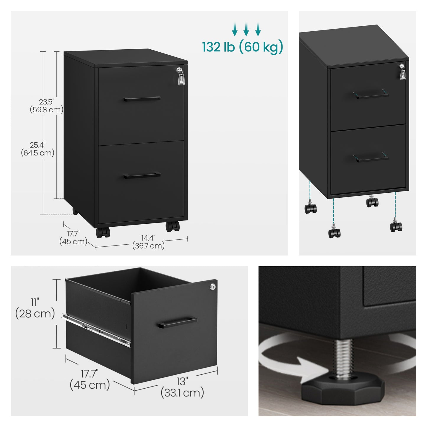 Pre-Assembled File Cabinet with Lock, 2-Drawer Mobile Storage for A4, Legal, Letter Files, Steel Frame, Smooth Slides, Matte Black