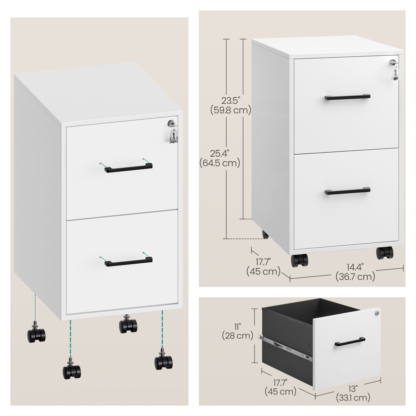 2-Drawer File Cabinet with Lock, Pre-Assembled Mobile Storage for A4, Legal, Letter Files, Steel Frame, Smooth Slides, Matte White