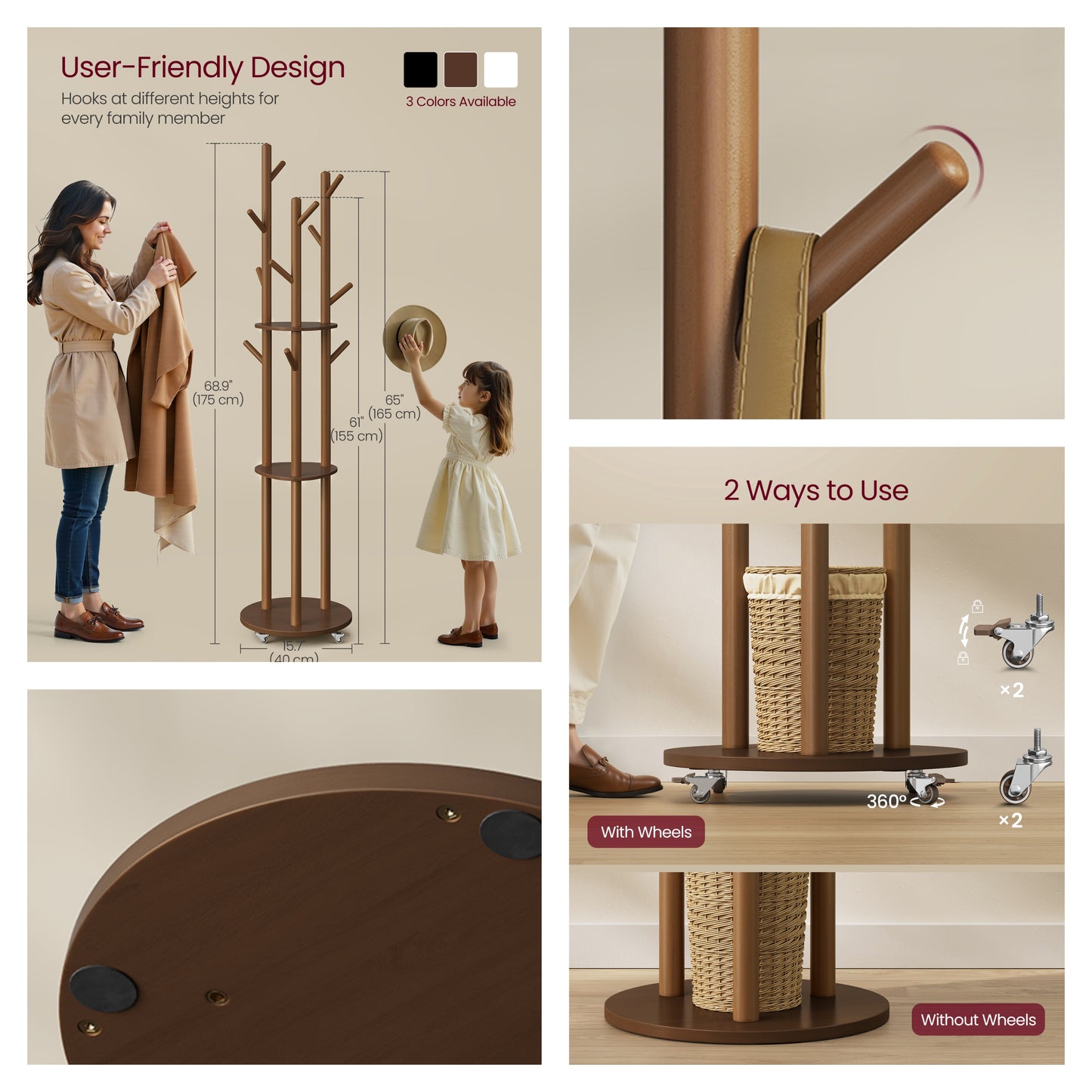 Freestanding Coat Rack Stand with 11 Hooks & 3 Shelves, Wooden Coat Tree with Removable 361° Swivel Wheels, for Entryway, Bedroom, Walnut Brown