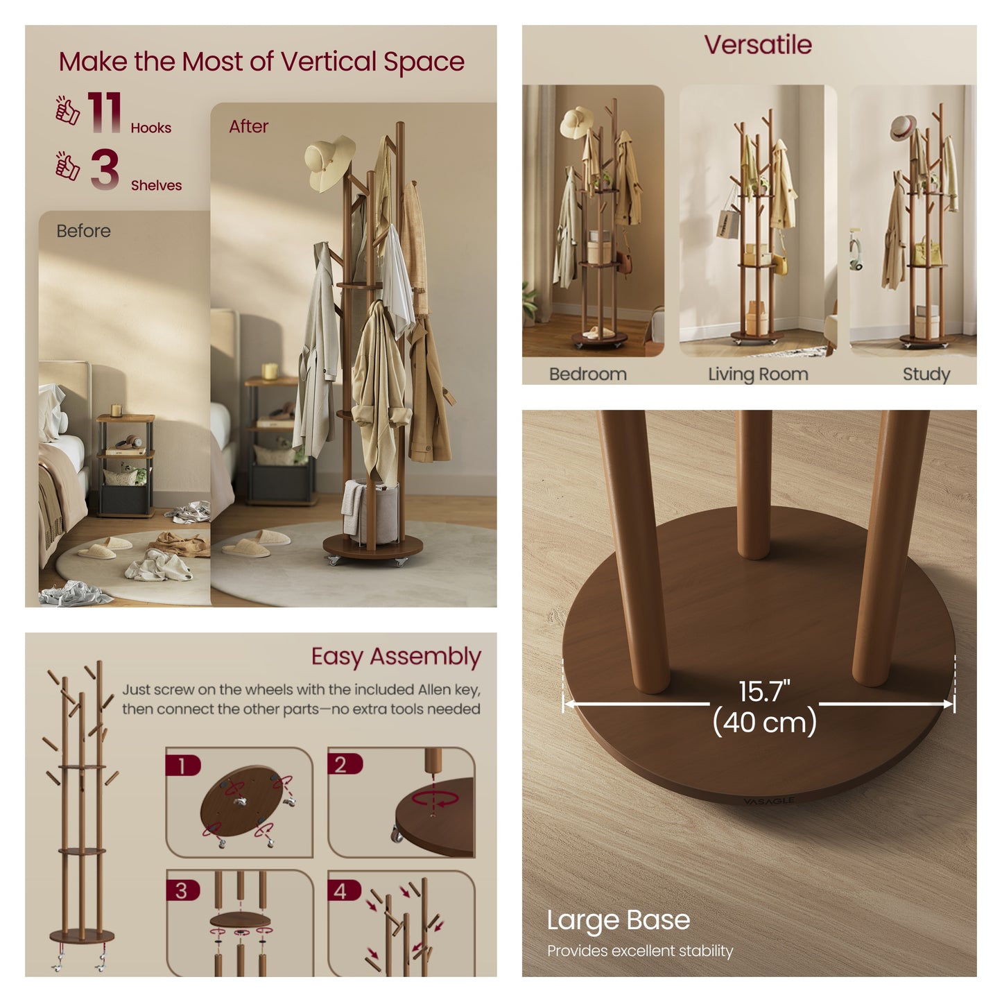 Freestanding Coat Rack Stand with 11 Hooks & 3 Shelves, Wooden Coat Tree with Removable 361° Swivel Wheels, for Entryway, Bedroom, Walnut Brown