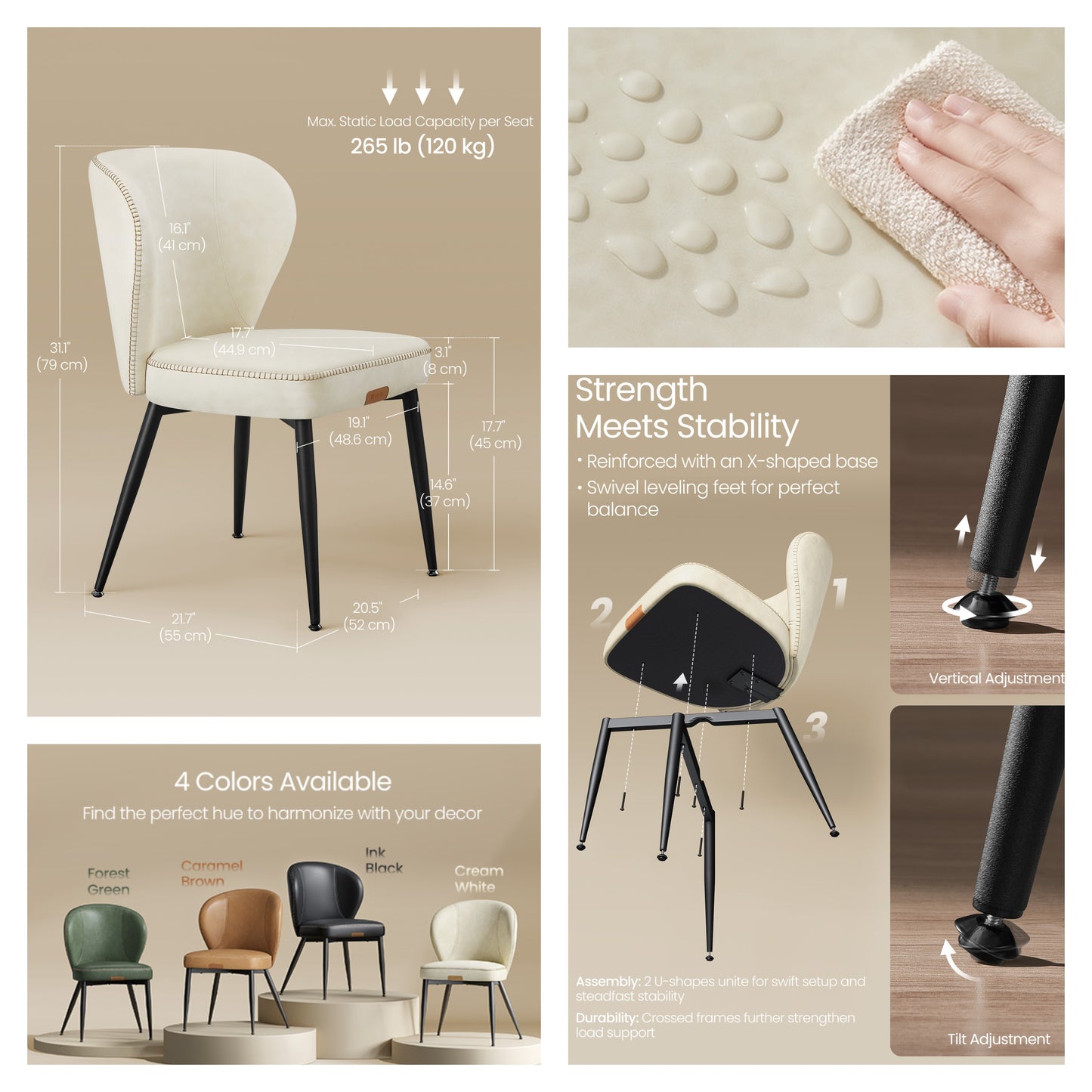 Set of 2 Mid-Century Modern Dining Chairs, Upholstered Kitchen Chairs with Synthetic Leather & Stitching, Award-Winning Design, Cream White