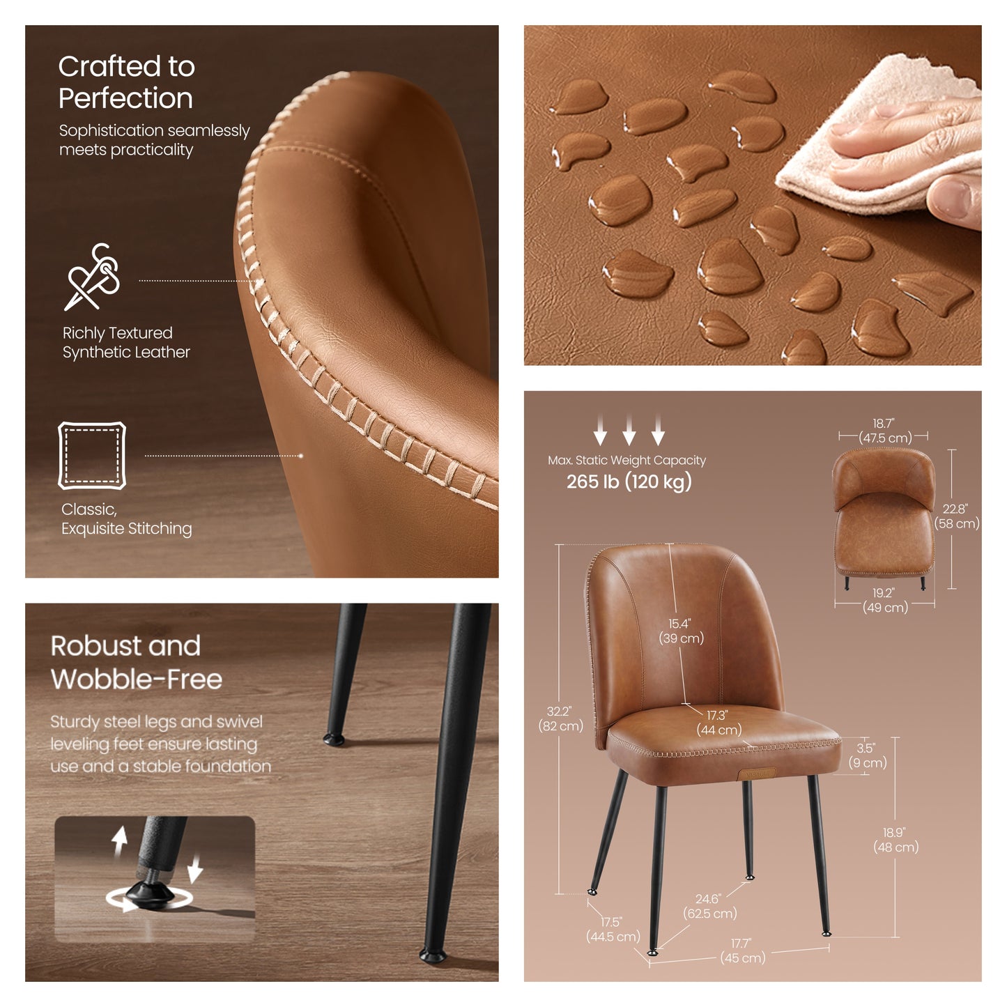 Set of 2 Mid-Century Modern Dining Chairs with Storage Pocket, Upholstered Kitchen Chairs with Synthetic Leather & Stitching, Award-Winning Design, Caramel Brown