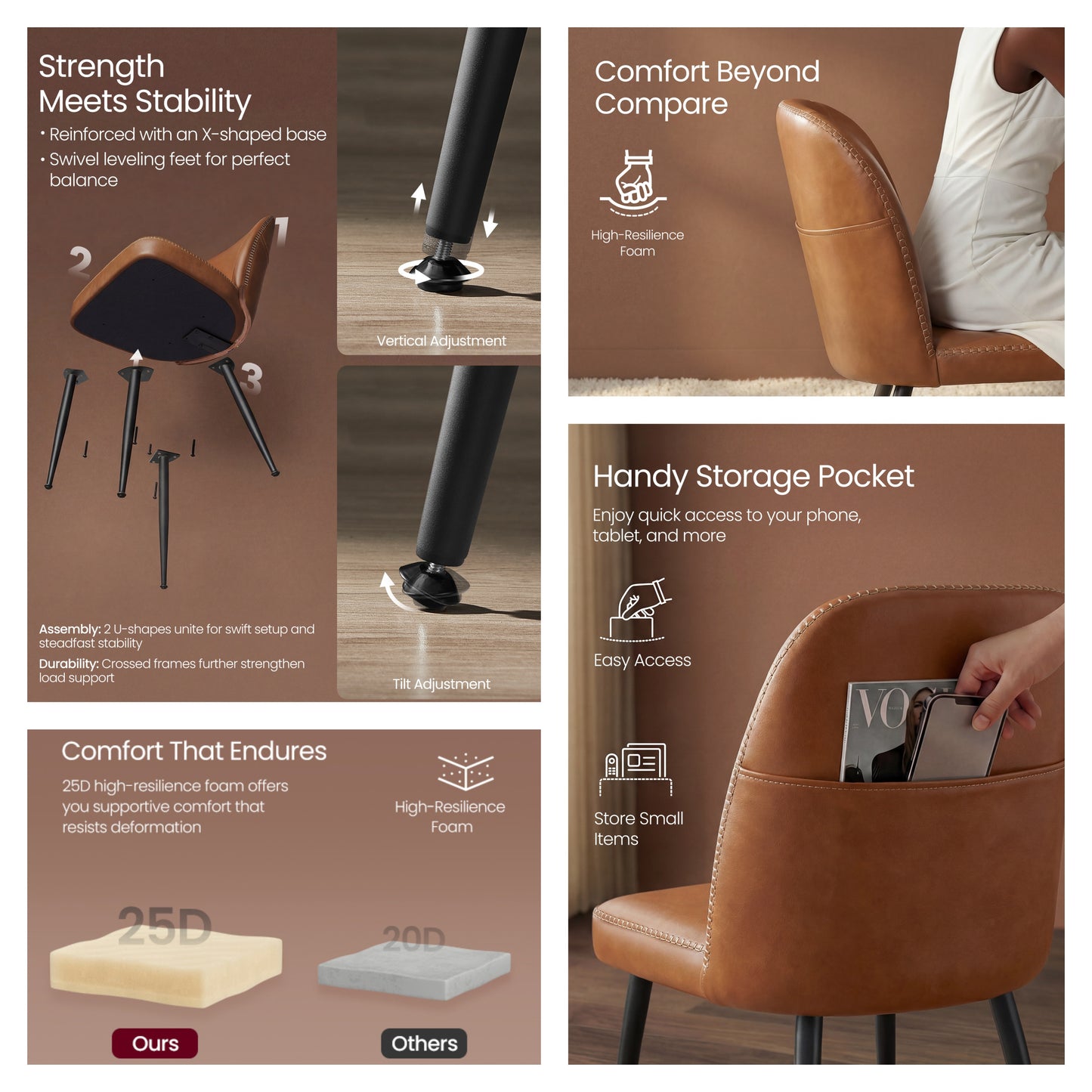 Set of 2 Mid-Century Modern Dining Chairs with Storage Pocket, Upholstered Kitchen Chairs with Synthetic Leather & Stitching, Award-Winning Design, Caramel Brown