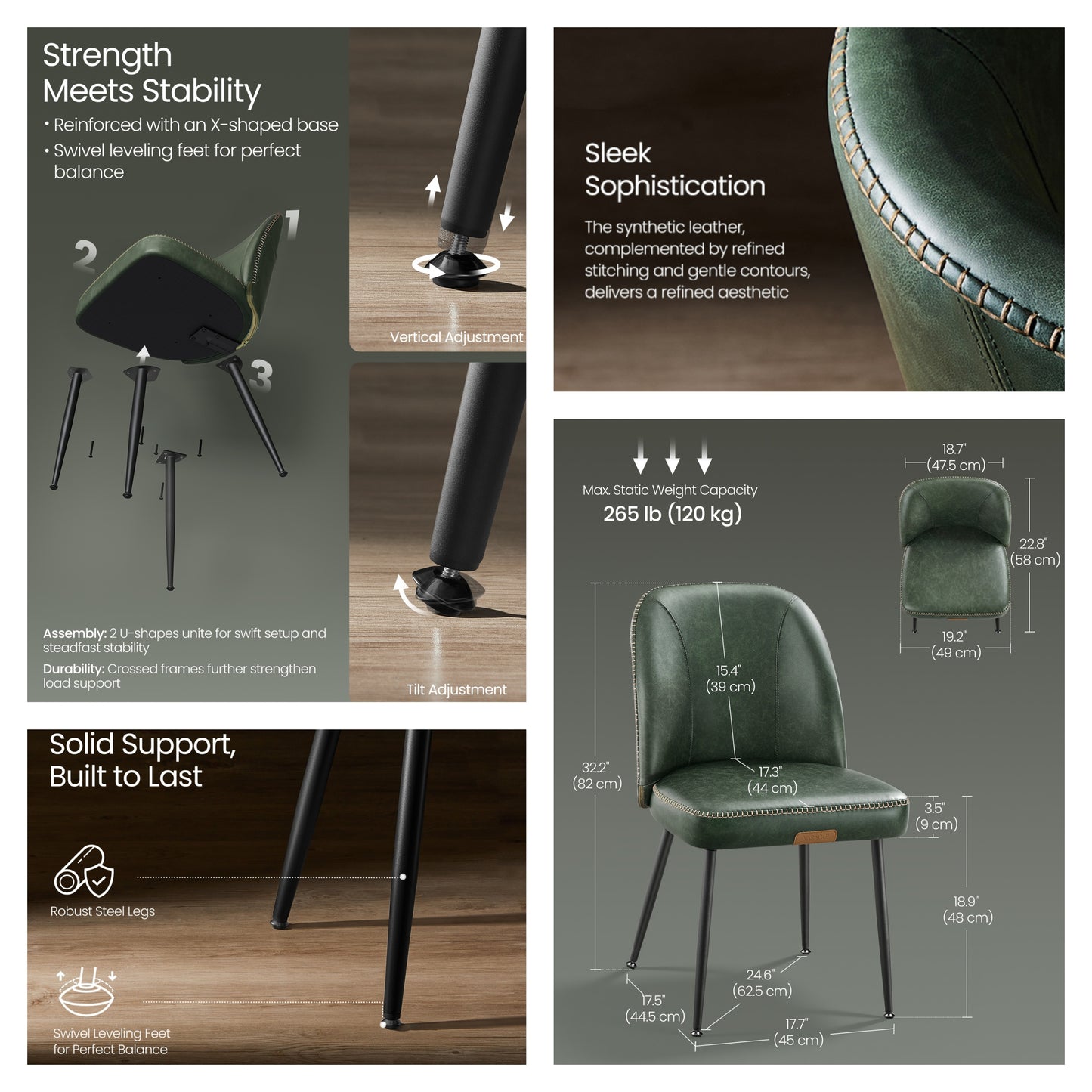 Set of 2 Mid-Century Modern Dining Chairs with Storage Pocket, Upholstered Kitchen Chairs with Synthetic Leather & Stitching, Award-Winning Design, Forest Green