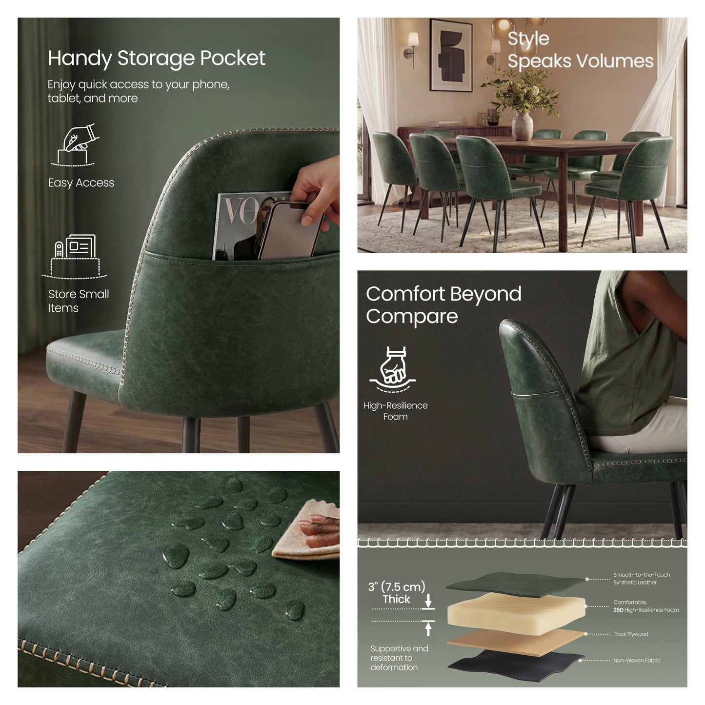 Set of 2 Mid-Century Modern Dining Chairs with Storage Pocket, Upholstered Kitchen Chairs with Synthetic Leather & Stitching, Award-Winning Design, Forest Green