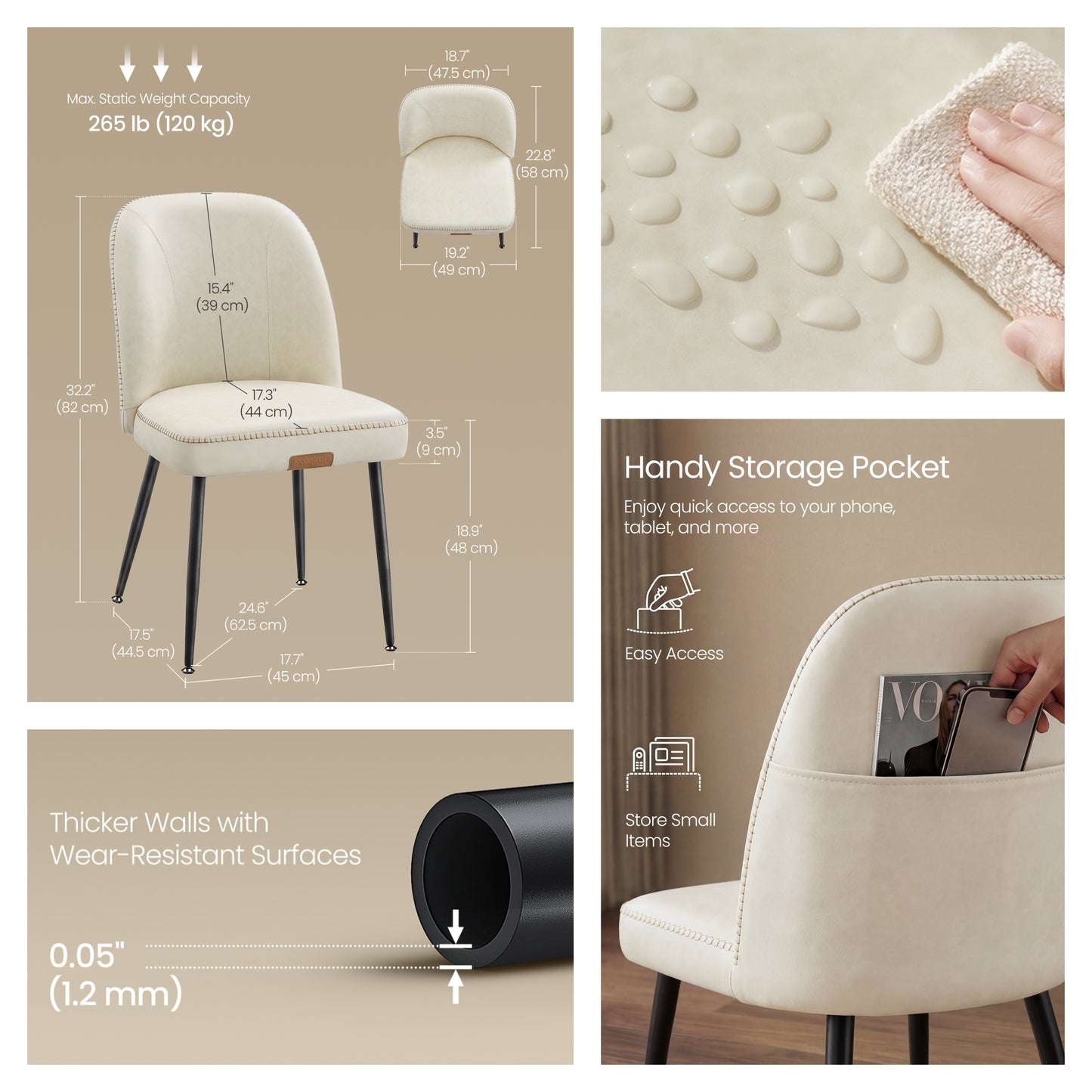 Set of 2 Mid-Century Modern Dining Chairs with Storage Pocket, Upholstered Kitchen Chairs with Synthetic Leather & Stitching, Award-Winning Design, Cream White
