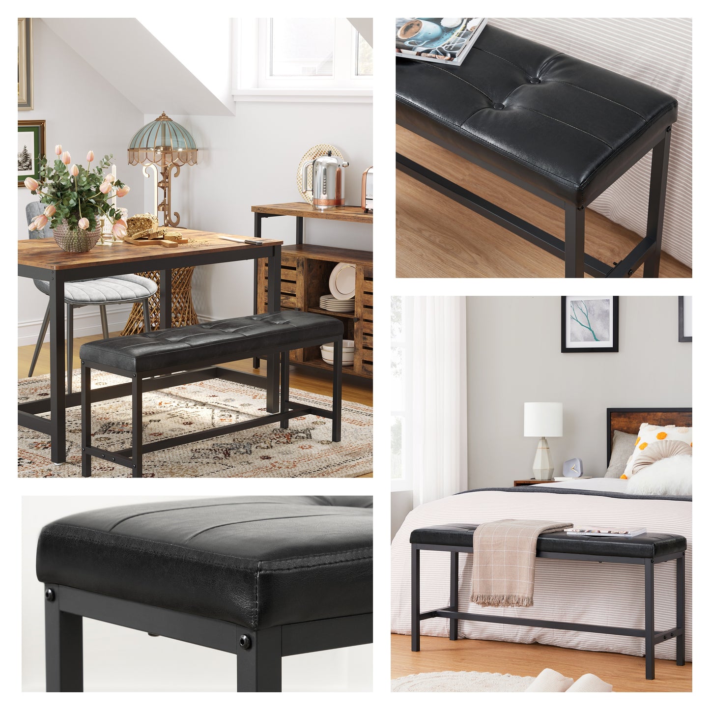 Dining Bench with PU Leather Padded Seat, 42.5-Inch Ottoman Bench for Dining Room, Living Room, Hallway, Bedroom, Black