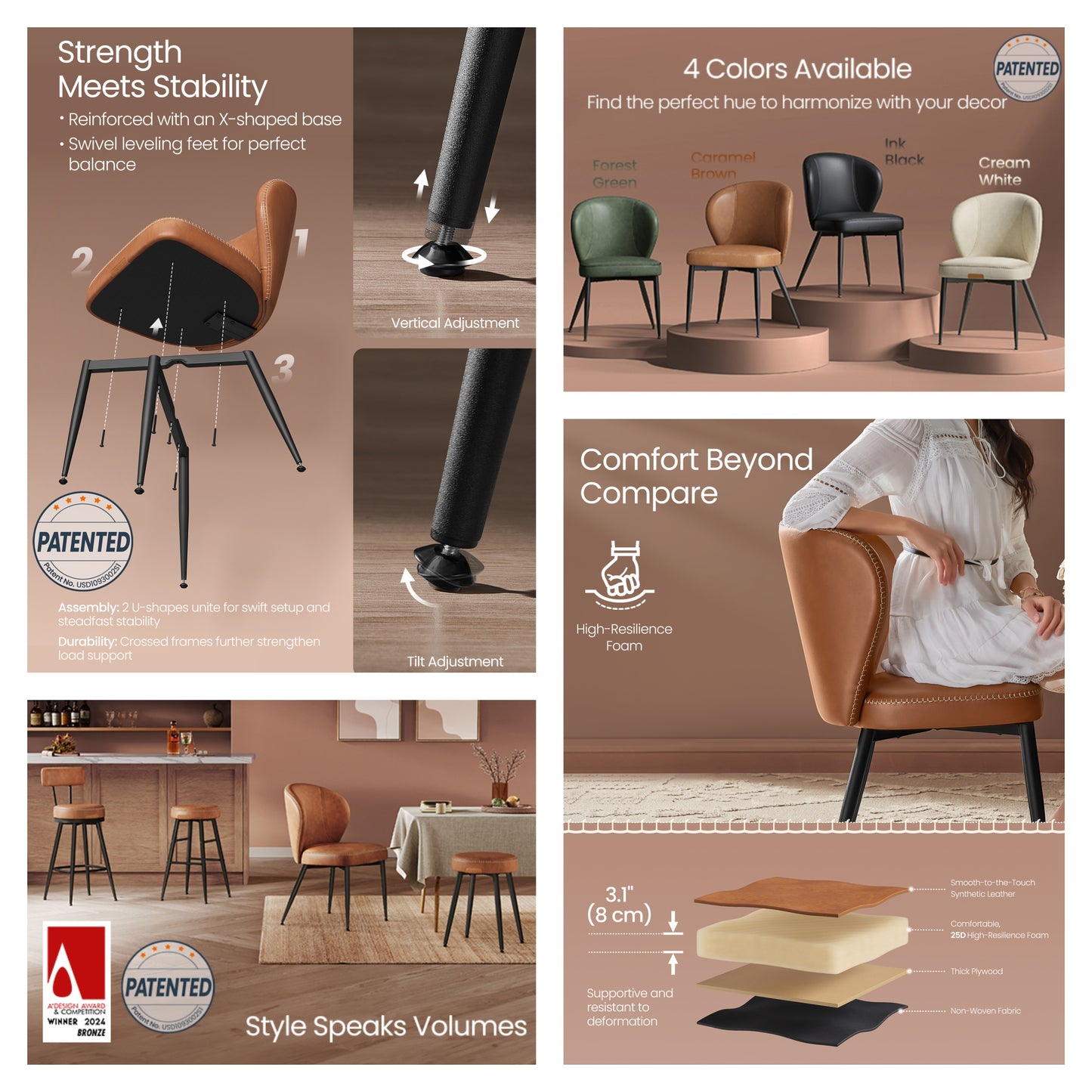 Set of 4 Mid-Century Modern Dining Chairs, Upholstered Kitchen Chairs with Synthetic Leather & Stitching, Award-Winning Design, Caramel Brown