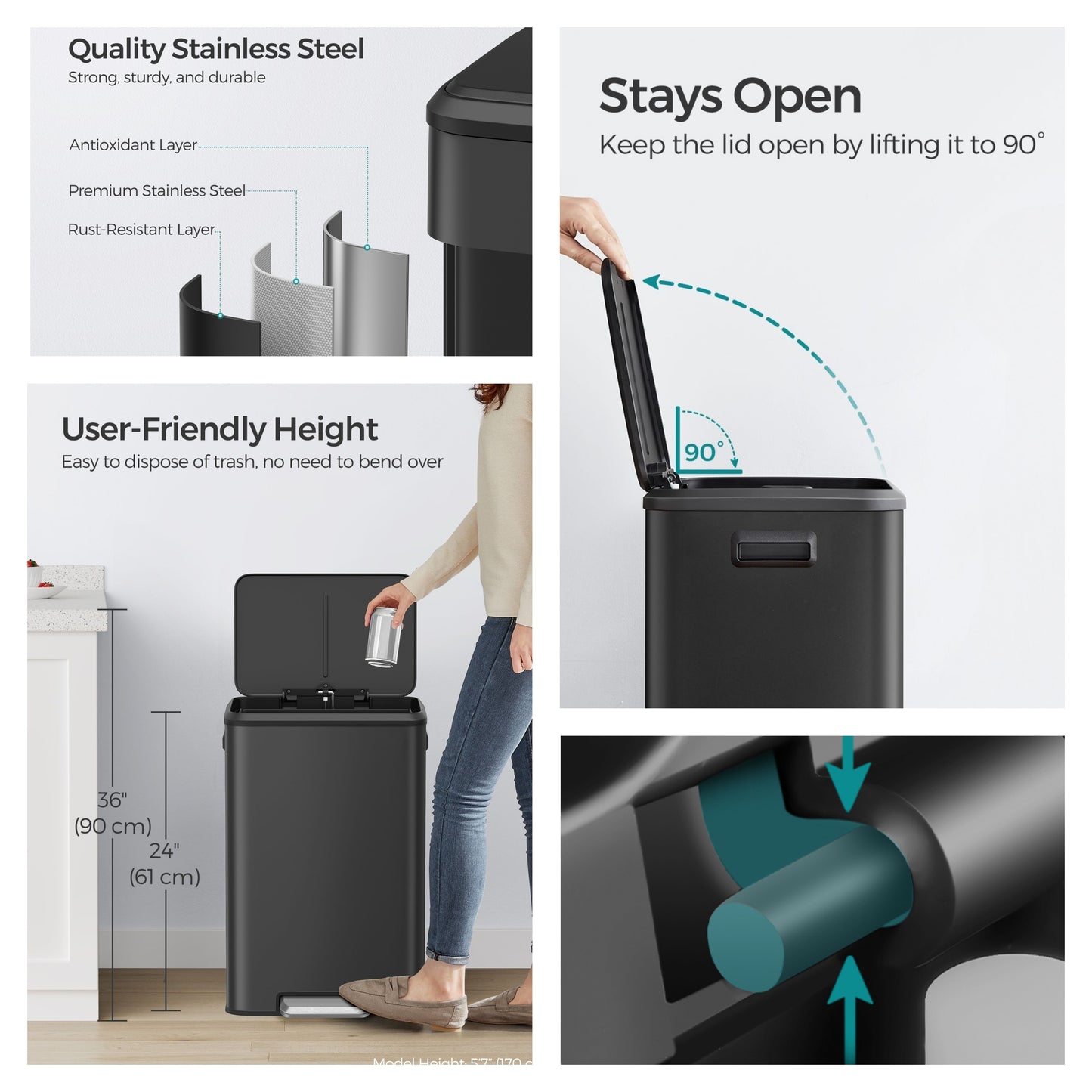 10.5-Gallon Step Kitchen Trash Can, Soft-Close Stay-Open Lid, Inner Bucket, Wide Pedal, Compact Design, Stainless Steel,Black