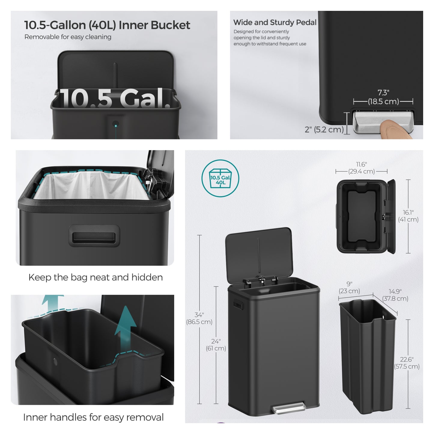 10.5-Gallon Step Kitchen Trash Can, Soft-Close Stay-Open Lid, Inner Bucket, Wide Pedal, Compact Design, Stainless Steel,Black