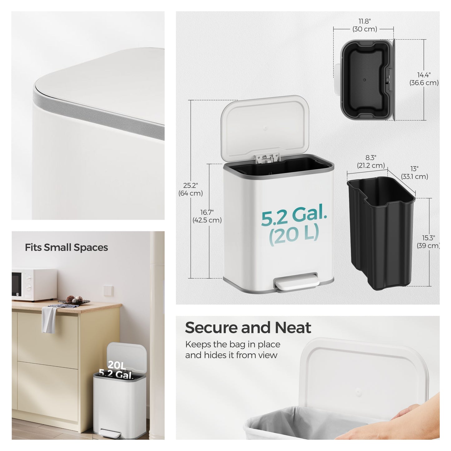 5.2-Gallon Step Trash Can, Soft-Close Stay-Open Lid, Inner Bucket, Non-Slip Pedal, Compact Stainless Steel Bin for Small Spaces