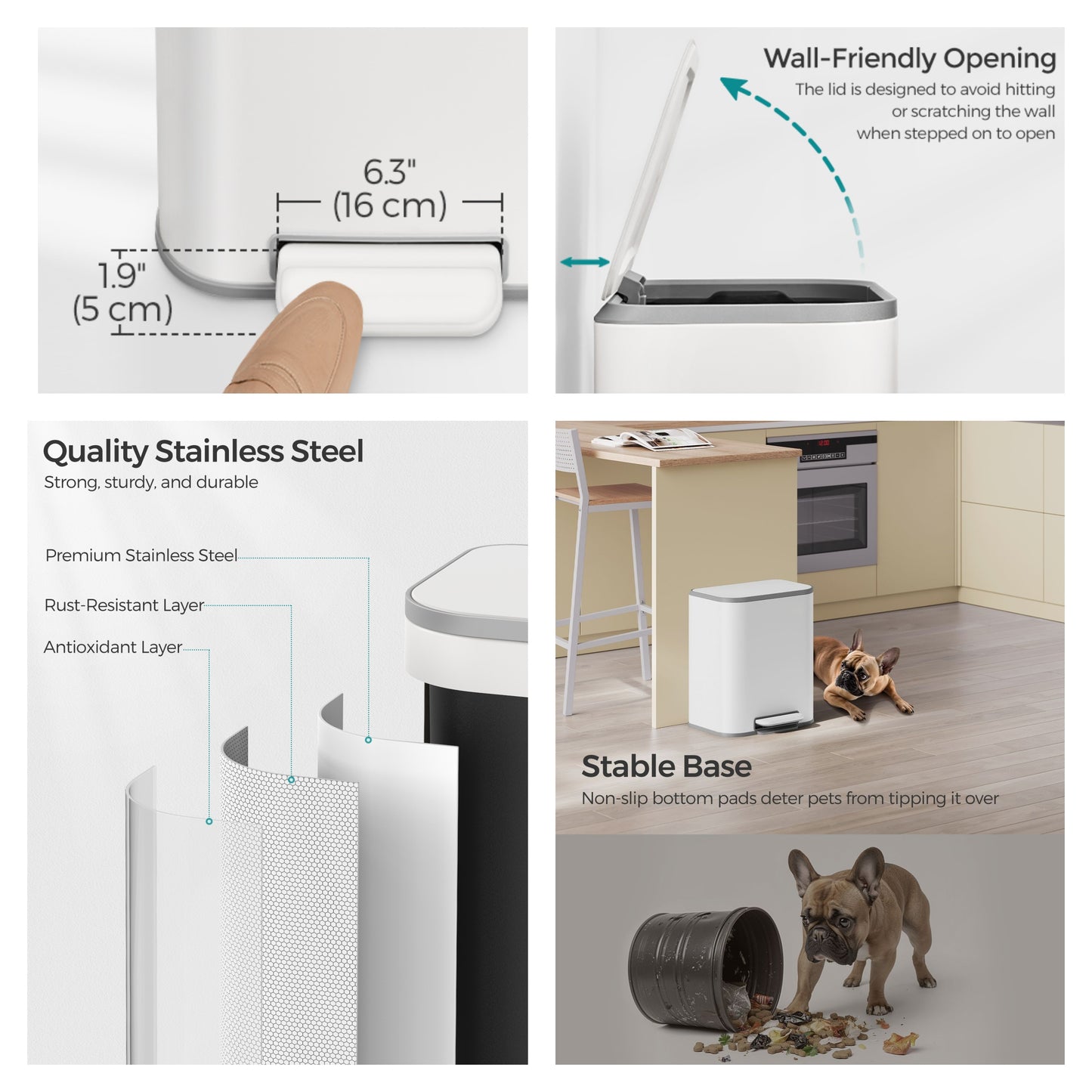 5.2-Gallon Step Trash Can, Soft-Close Stay-Open Lid, Inner Bucket, Non-Slip Pedal, Compact Stainless Steel Bin for Small Spaces