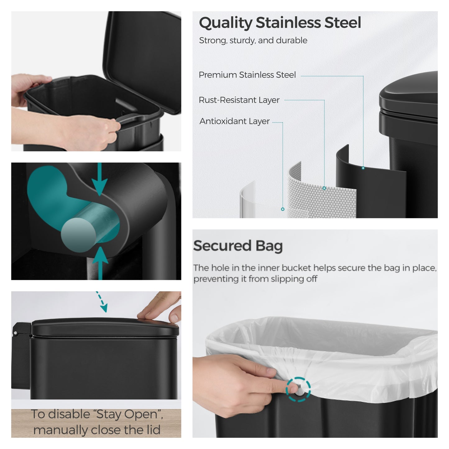 5.2-Gallon Step Kitchen Trash Can, Soft-Close Stay-Open Lid, Inner Bucket, Includes 15 Liners, Compact Stainless Steel Bin,Black