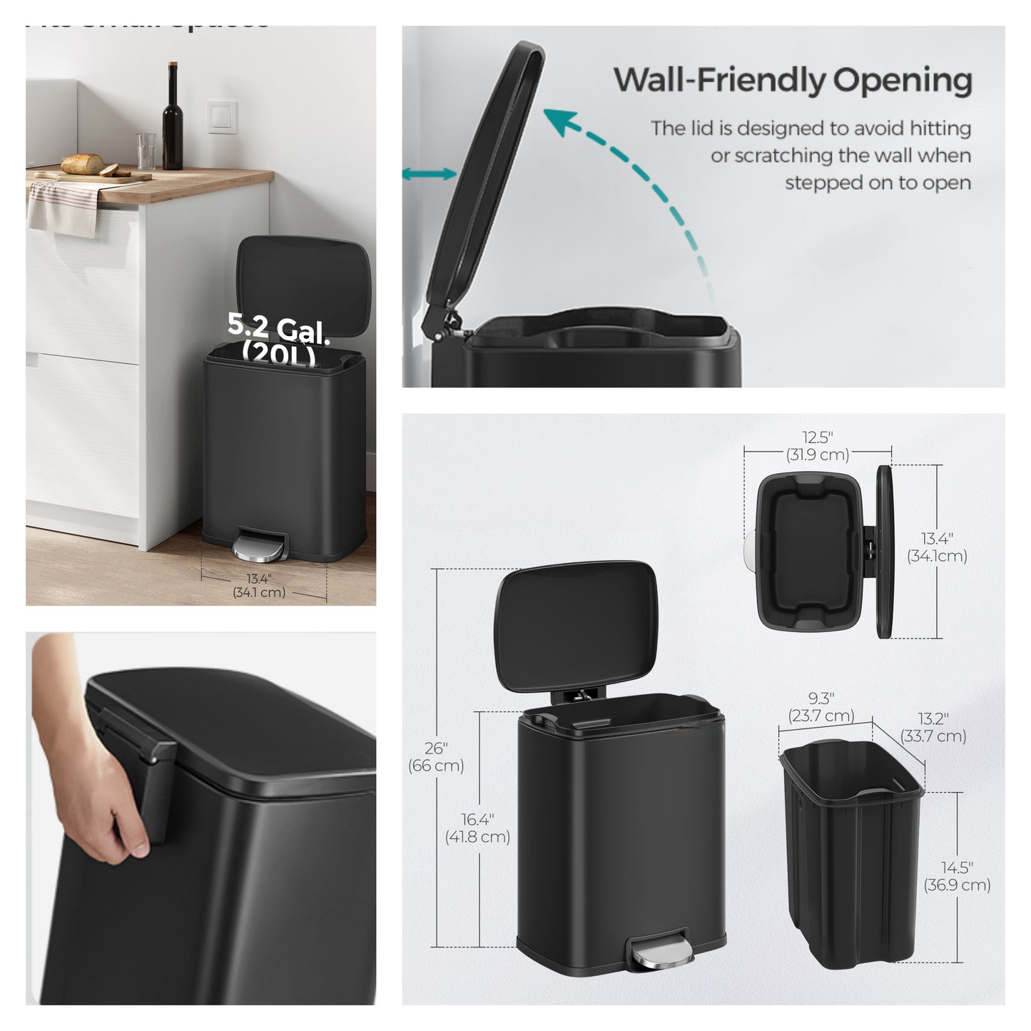 5.2-Gallon Step Kitchen Trash Can, Soft-Close Stay-Open Lid, Inner Bucket, Includes 15 Liners, Compact Stainless Steel Bin,Black