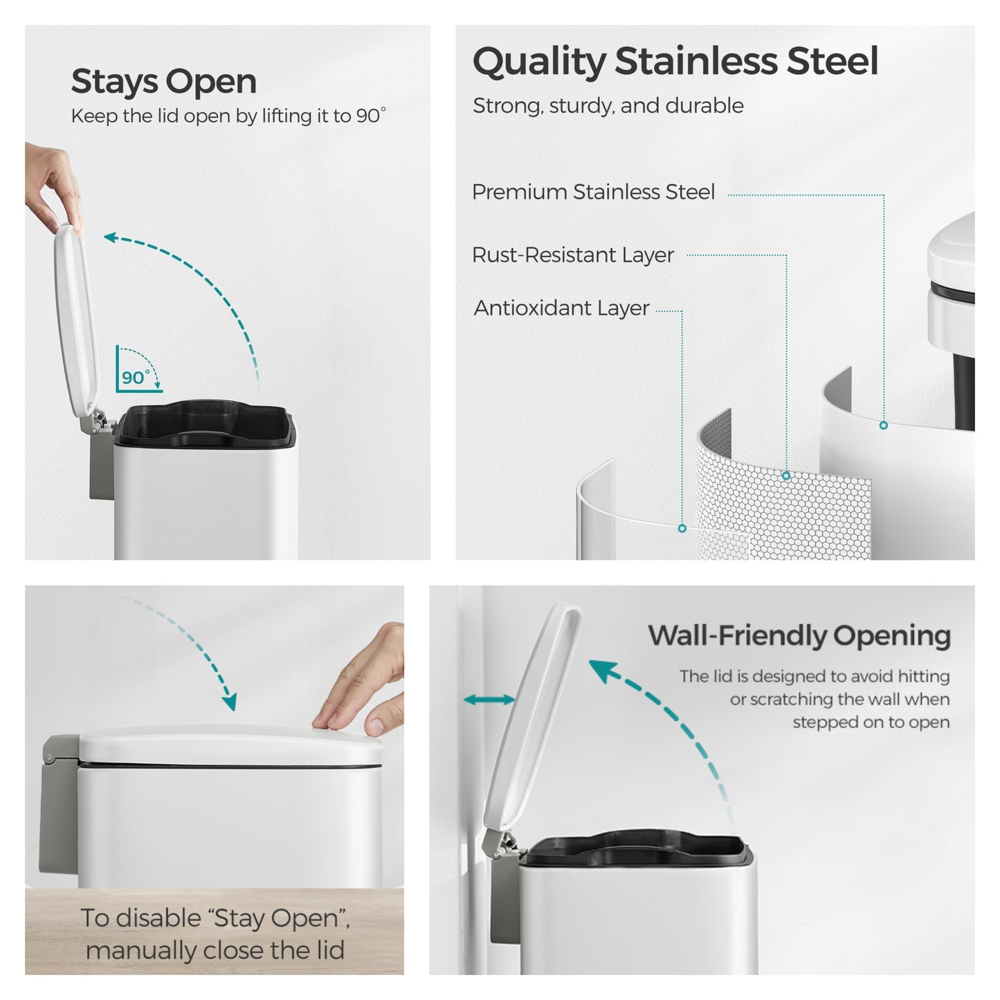 5.2-Gallon Step Kitchen Trash Can, Soft-Close Stay-Open Lid, Inner Bucket, Includes 15 Liners, Compact Stainless Steel Bin,White