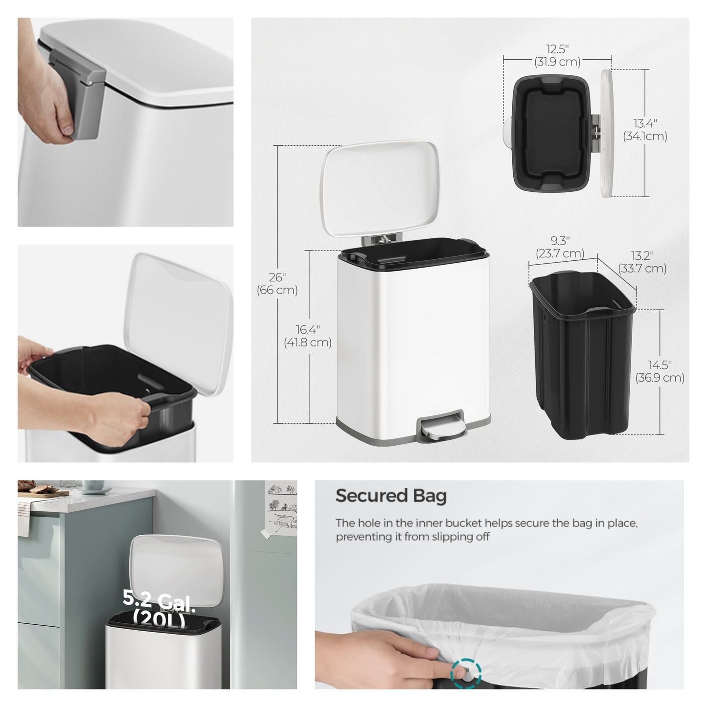 5.2-Gallon Step Kitchen Trash Can, Soft-Close Stay-Open Lid, Inner Bucket, Includes 15 Liners, Compact Stainless Steel Bin,White