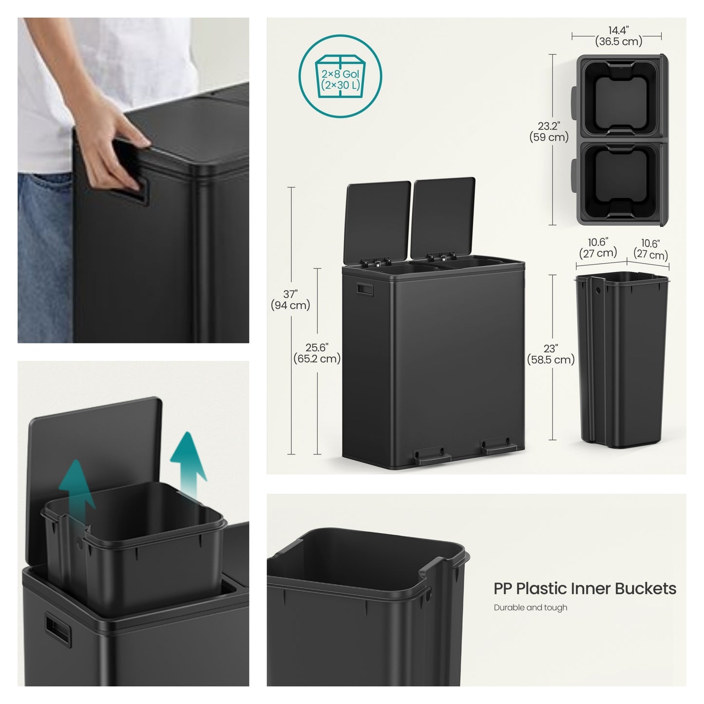 Dual Compartment Trash Can 2 x 30L, with 15 Liners, Metal Pedals, Inner Buckets, Soft-Close Lid, for Kitchen Recycling, Black
