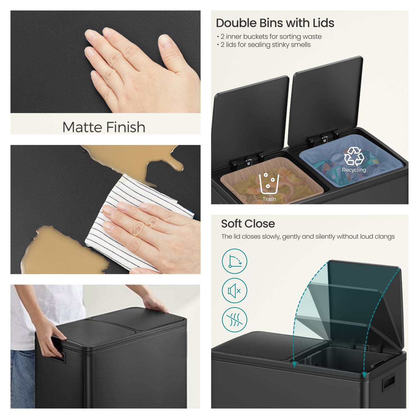 Dual Compartment Trash Can 2 x 30L, with 15 Liners, Metal Pedals, Inner Buckets, Soft-Close Lid, for Kitchen Recycling, Black