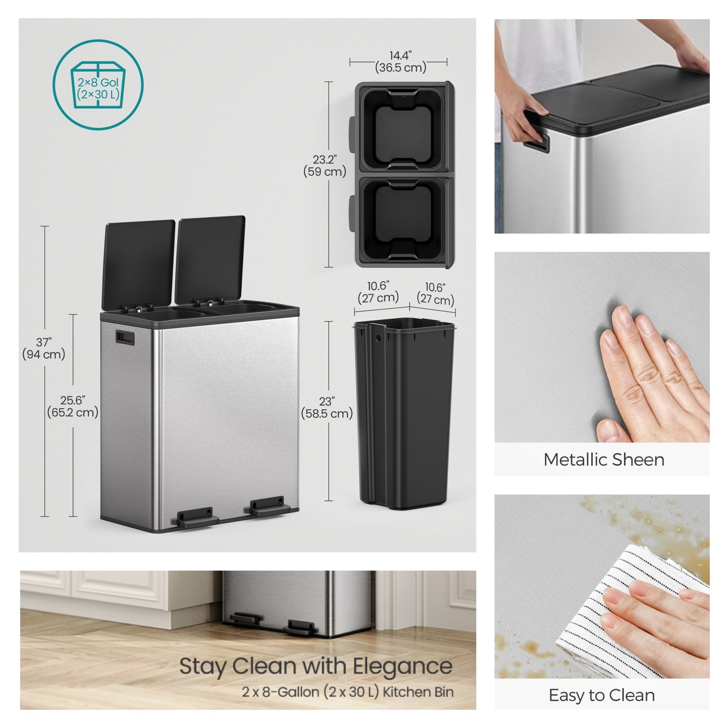Dual Compartment Trash Can 2 x 30L, with 15 Liners, Metal Pedals, Inner Buckets, Soft-Close Lid, for Kitchen Recycling, Argent et Noir