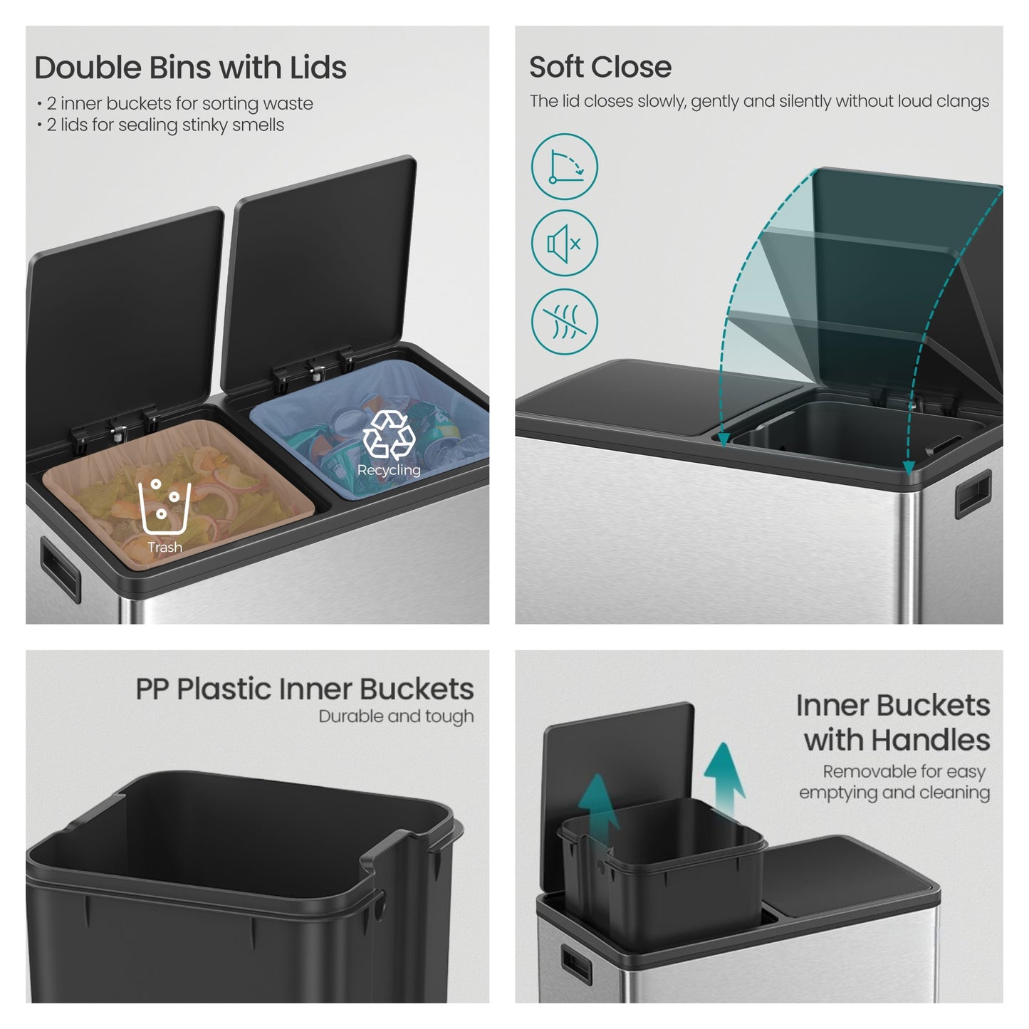 Dual Compartment Trash Can 2 x 30L, with 15 Liners, Metal Pedals, Inner Buckets, Soft-Close Lid, for Kitchen Recycling, Argent et Noir