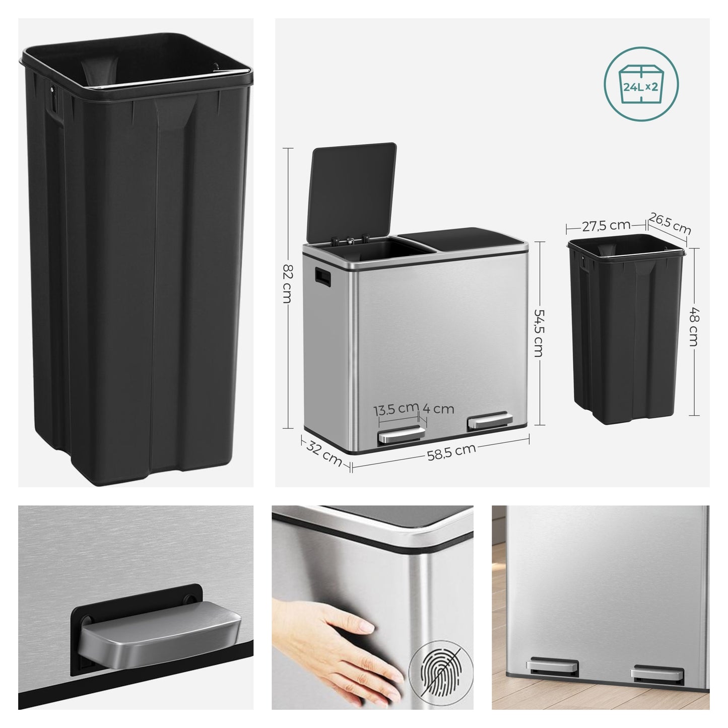 Stainless Steel 13 Gallon Step Trash Can, Soft-Close Lid with Inner Bucket, Kitchen & Office Bin,Brown
