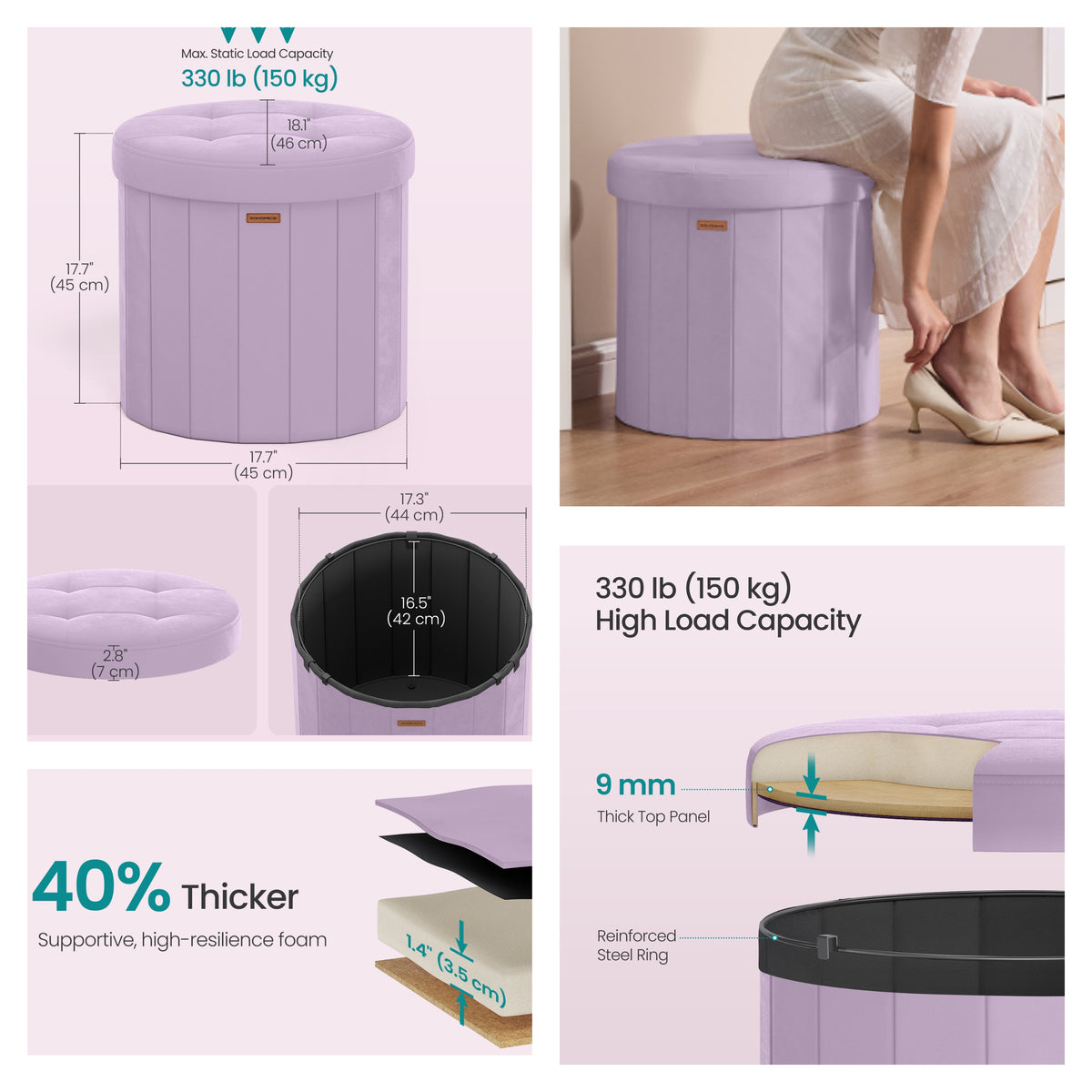 LEDREM Storage Ottoman, Velvet Vanity Chair with Storage, Folding Foot Rest, 18.5 x 18.5 x 17.7 Inches, Purple