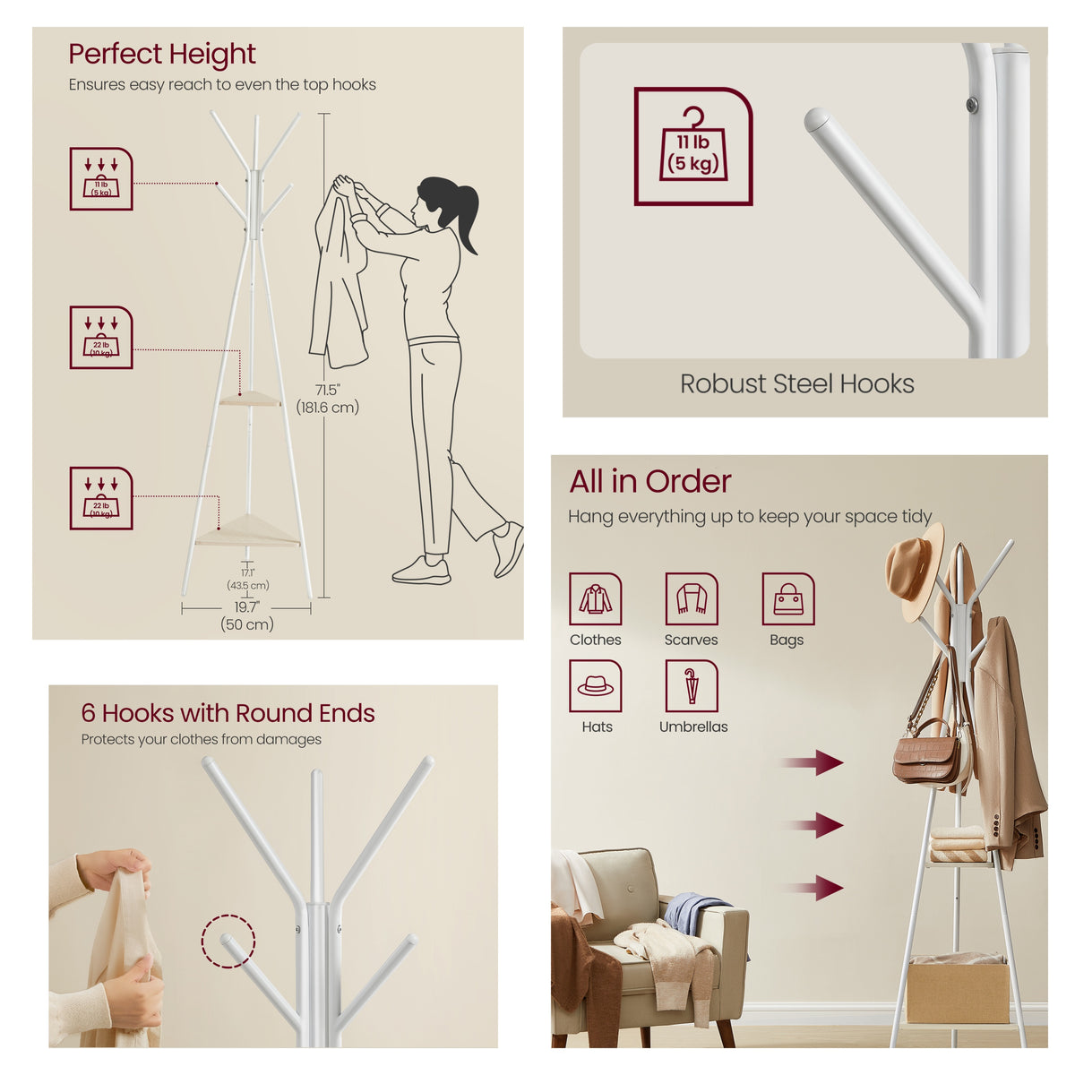 LEDREM Coat Rack, Coat Stand with 2 Shelves, Hall Tree Free Standing with Hooks, Steel, MDF Frame, for Entryway, Living Room, Beige and White