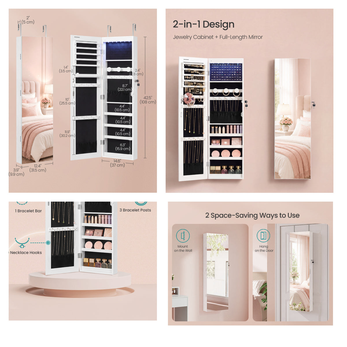LEDREM Jewelry Cabinet with Full Length Mirror, 6 LEDs, Wall/Door Mounted, 12.4 x 3.6 x 42.5 Inches, Ink Black and White