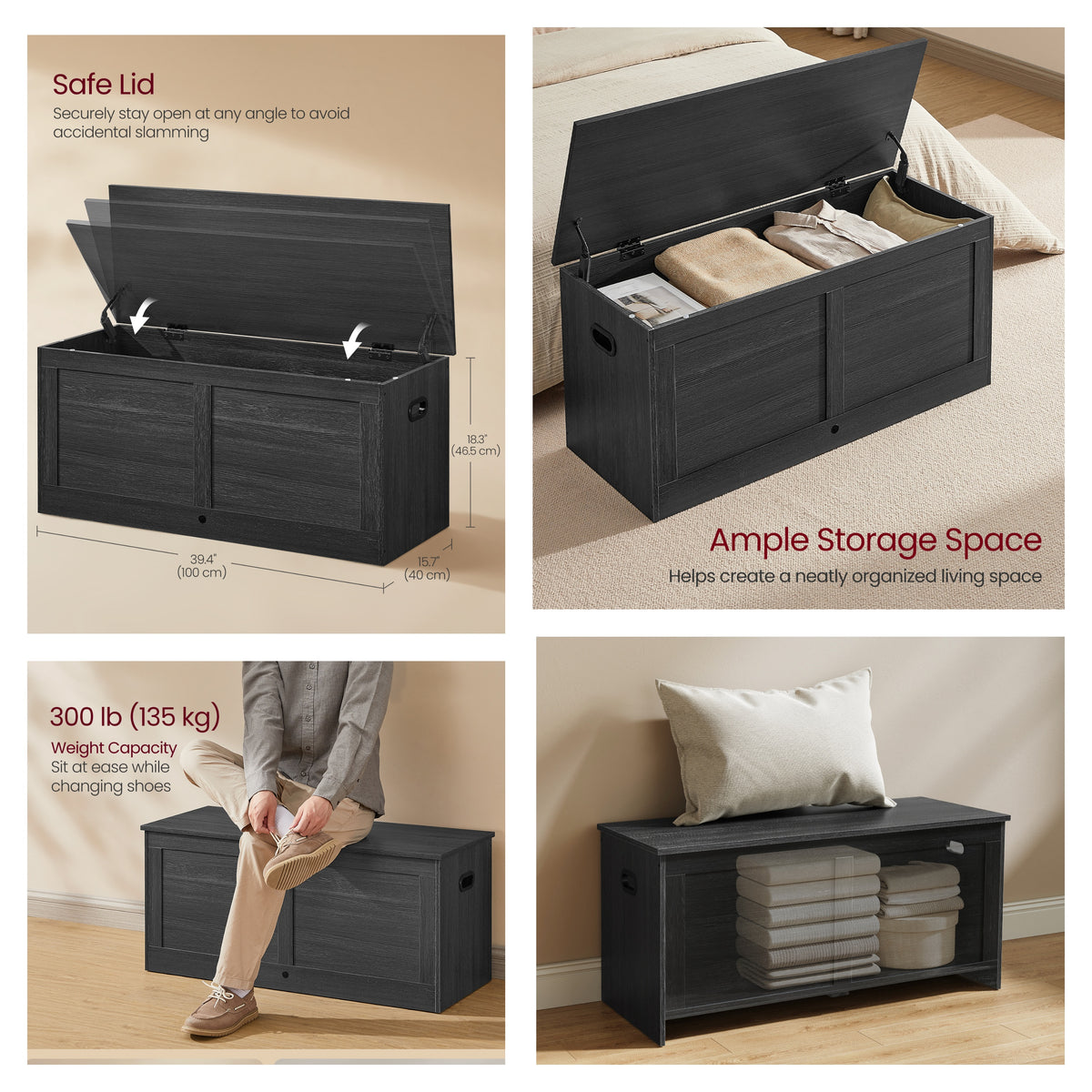 LEDREM Storage Trunk, Storage Chest with 2 Safety Hinges, Shoe Storage Bench, Traditional basic Style, for Entryway, Bedroom, Black