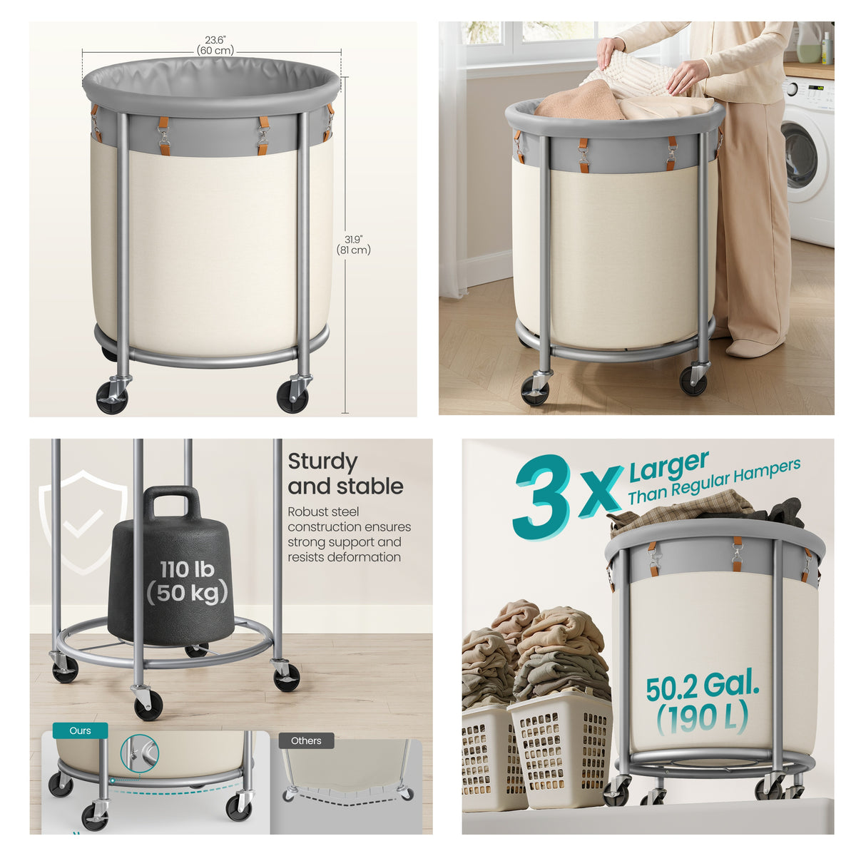 LEDREM Rolling Laundry Basket with Wheels, Laundry Hamper, 4 Casters and 2 Brakes, Gray and White