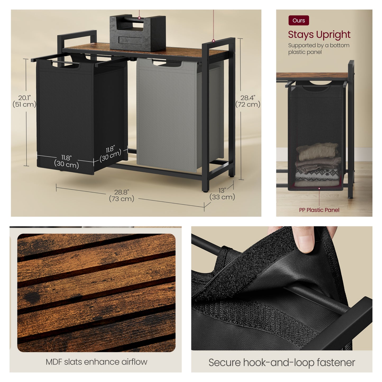 2-Compartment Laundry Hamper with Removable Bags & Storage Shelf, 92L Total Capacity, Steel Frame & Oxford Fabric, Rustic Brown and Charcoal Grey