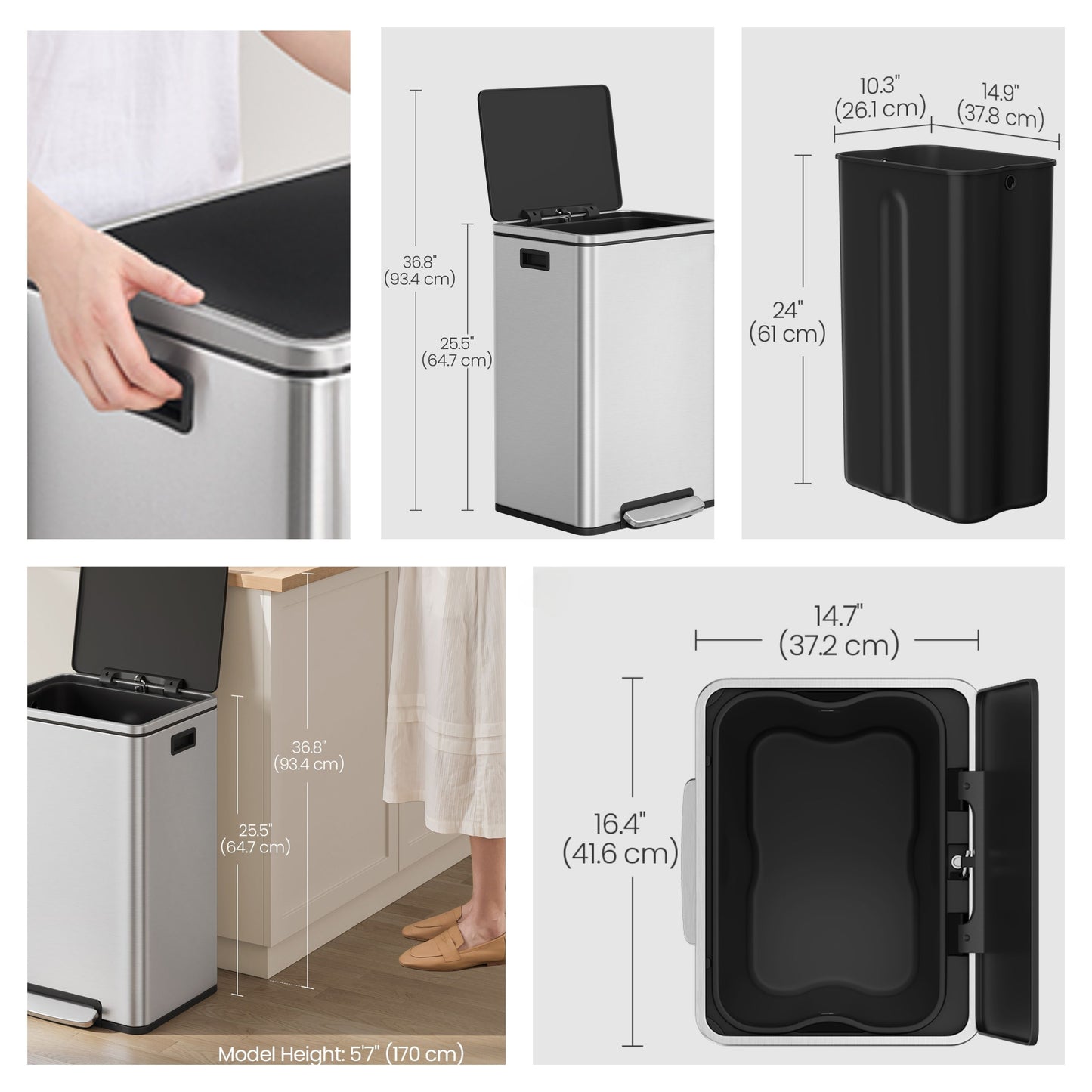 13-Gallon Trash Can with Soft-Close Lid, Removable Inner Bucket, Foot Pedal, Includes 15 Liners – Stainless Steel，Silver