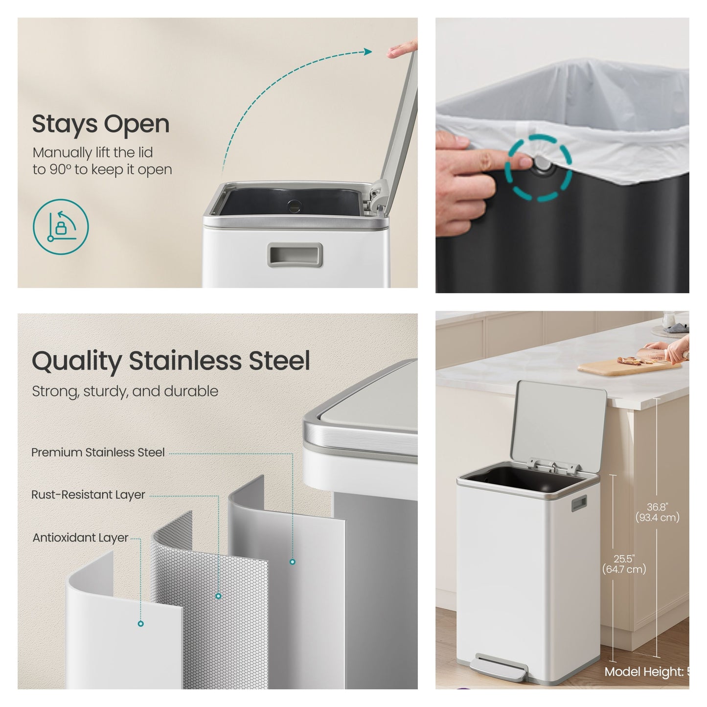 13-Gallon Trash Can with Soft-Close Lid, Removable Inner Bucket, Foot Pedal, Includes 15 Liners – Stainless Steel，Cloud White