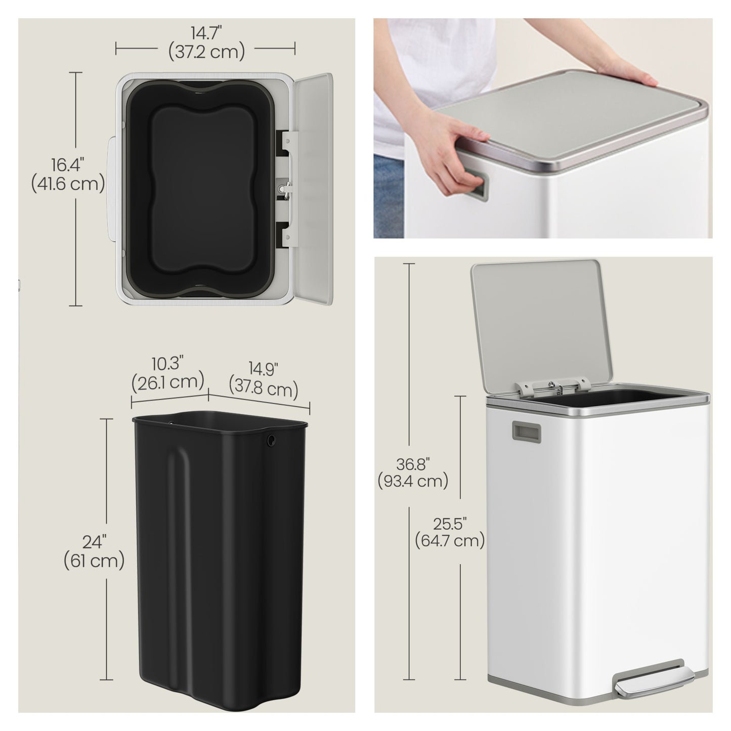 13-Gallon Trash Can with Soft-Close Lid, Removable Inner Bucket, Foot Pedal, Includes 15 Liners – Stainless Steel，Cloud White