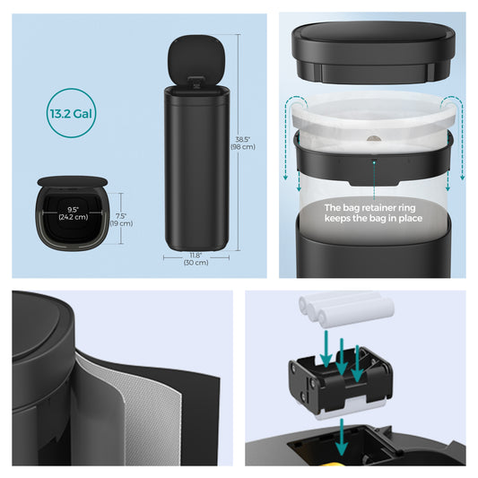 Motion Sensor Trash Can 13 Gallon, Automatic Kitchen Garbage Bin with Ozone Odor Control, Stay-Open Lid, Multi-Color Indicators, Stainless Steel，Black
