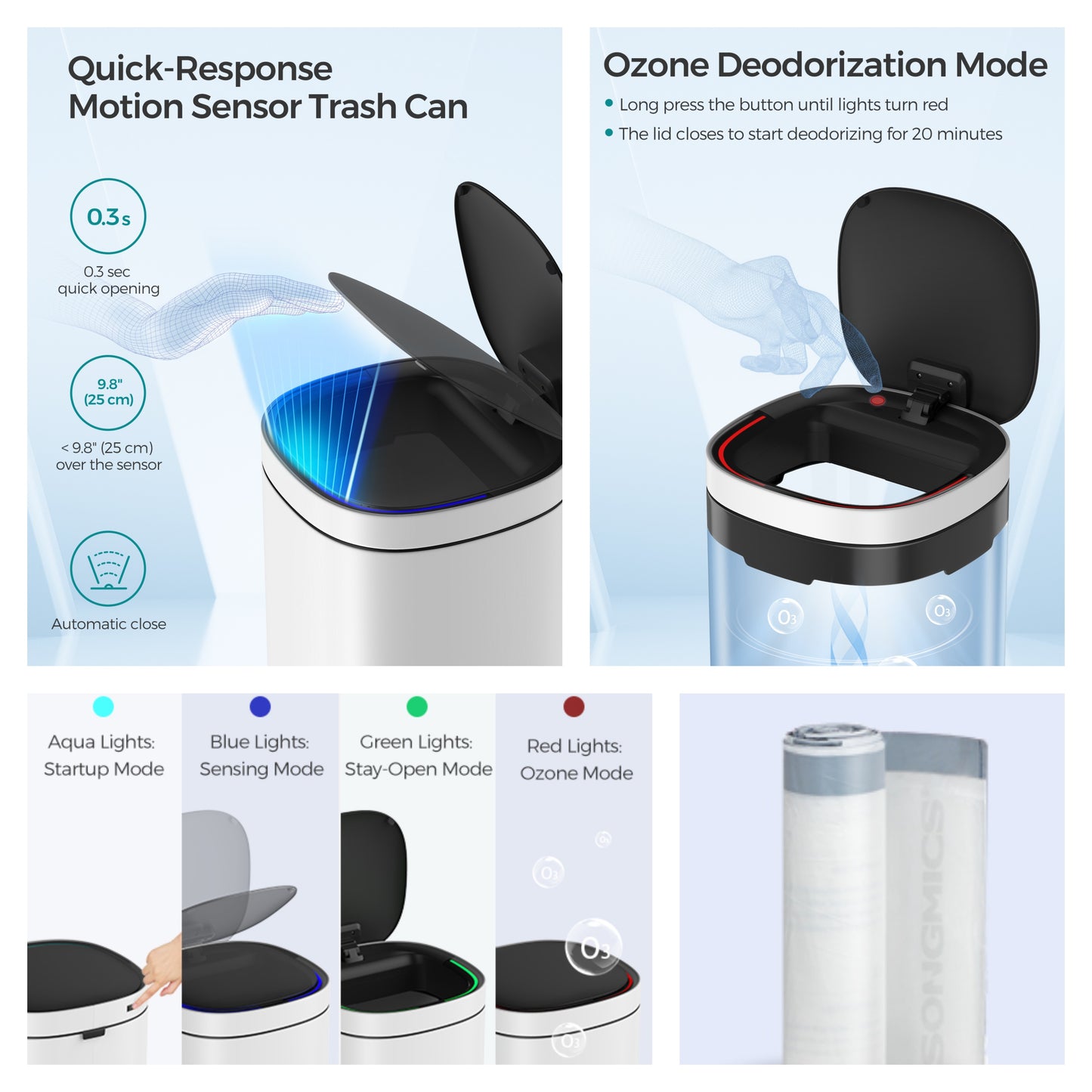 Motion Sensor Trash Can 13 Gallon, Automatic Kitchen Garbage Bin with Ozone Odor Control, Stay-Open Lid, Multi-Color Indicators, Stainless Steel，White
