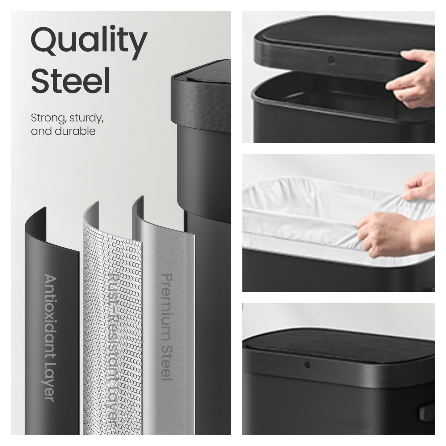 Motion Sensor Trash Can, 13 Gallon Automatic Kitchen Bin with Dual Opening & Soft Close, Includes 15 Bags – Stainless Steel,Ink Black