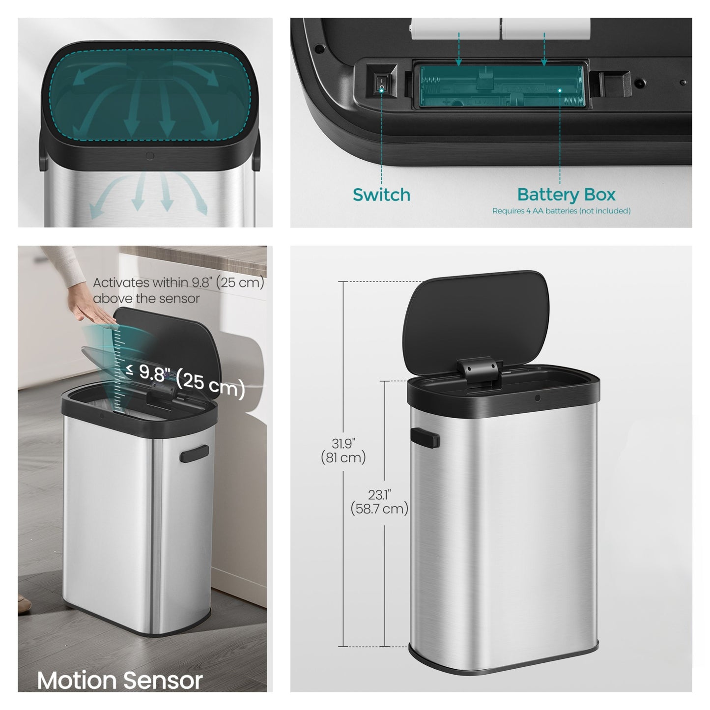 Motion Sensor Trash Can, 13 Gallon Automatic Kitchen Bin with Dual Opening & Soft Close, Includes 15 Bags – Stainless Steel,Metallic Silver and Ink Black