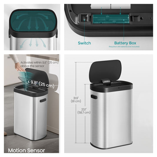 Motion Sensor Trash Can, 13 Gallon Automatic Kitchen Bin with Dual Opening & Soft Close, Includes 15 Bags – Stainless Steel,Metallic Silver and Ink Black