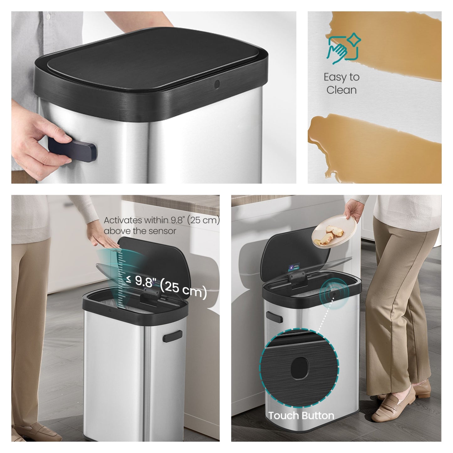 Motion Sensor Trash Can, 13 Gallon Automatic Kitchen Bin with Dual Opening & Soft Close, Includes 15 Bags – Stainless Steel,Metallic Silver and Ink Black