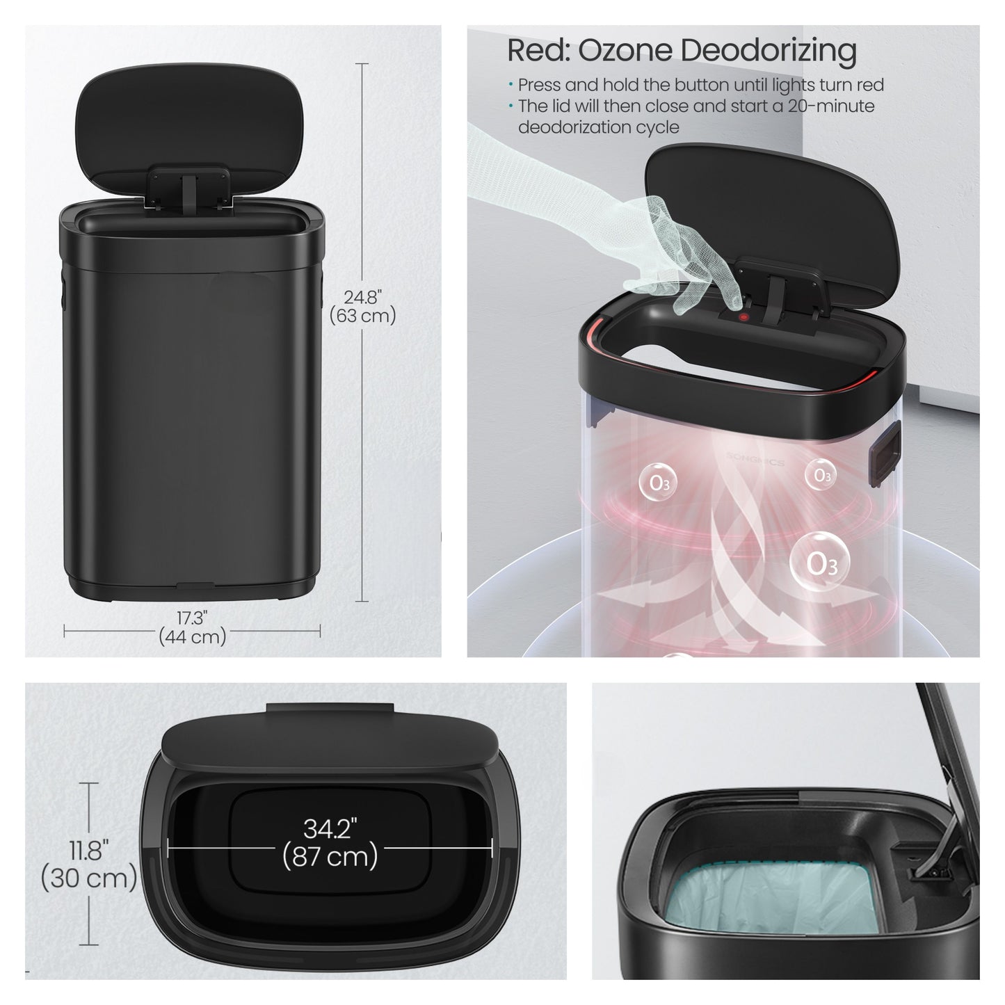 Motion Sensor Kitchen Trash Can, 17.2-Gallon Automatic Stainless Steel Garbage Bin with Ozone Odor Control and Stay-Open Lid, Ink Black
