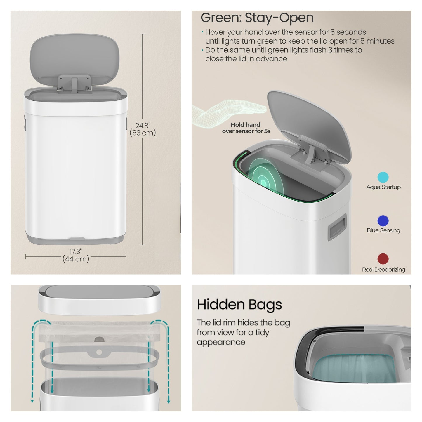 Motion Sensor Kitchen Trash Can, 17.2-Gallon Automatic Stainless Steel Garbage Bin with Ozone Odor Control and Stay-Open Lid, Cloud White