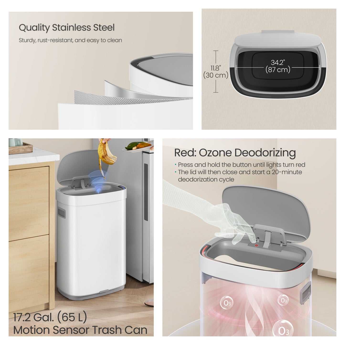 Motion Sensor Kitchen Trash Can, 17.2-Gallon Automatic Stainless Steel Garbage Bin with Ozone Odor Control and Stay-Open Lid, Cloud White