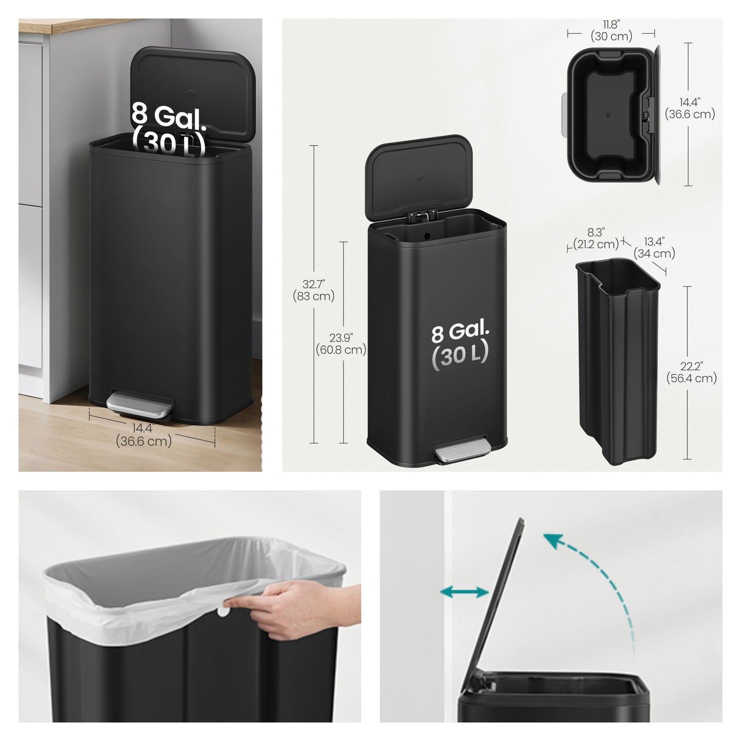 8-Gallon Step Trash Can, Soft-Close Stay-Open Lid, Inner Bucket, Non-Slip Pedal, Compact Stainless Steel Bin for Kitchen,Ink Black