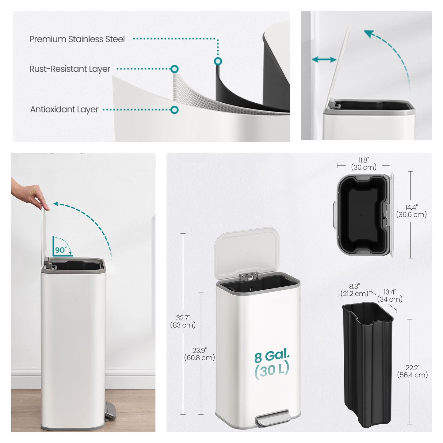 8-Gallon Step Trash Can, Soft-Close Stay-Open Lid, Inner Bucket, Non-Slip Pedal, Compact Stainless Steel Bin for Kitchen,Cloud White