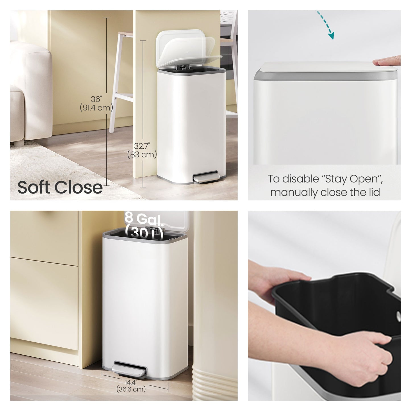 8-Gallon Step Trash Can, Soft-Close Stay-Open Lid, Inner Bucket, Non-Slip Pedal, Compact Stainless Steel Bin for Kitchen,Cloud White